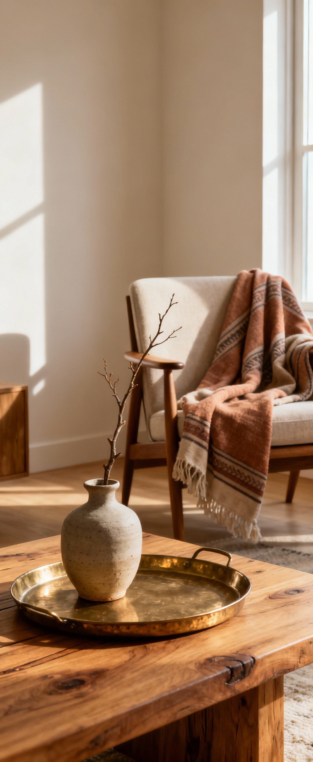 A cozy living room vignette with an antique brass tray, ceramic vase, and a hand-woven Bedouin textile draped over a Scandinavian armchair, showcasing personalized heirloom decor.
