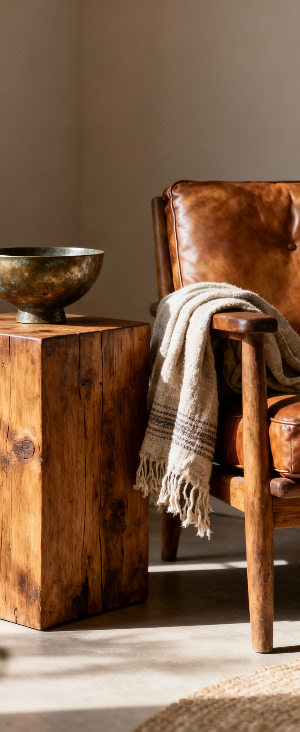 A cozy living room interior featuring an untreated oak side table, a natural leather armchair with burnished patina, and an aged bronze bowl, showcasing materials that gain character over time. Soft natural light highlights textures.
