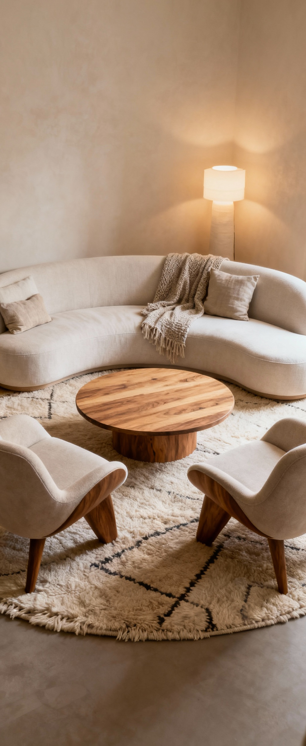 A serene and cozy conversation nook with strategically arranged furniture, soft textures, and warm layered lighting, designed for intimate dialogue in a modern living room.