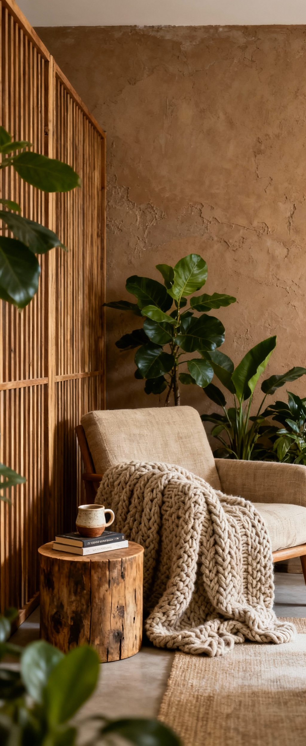 Cozy living room corner with a linen armchair, wooden screen, and soft lighting, creating an emotional sanctuary with defined psychological perimeters and biophilic elements.