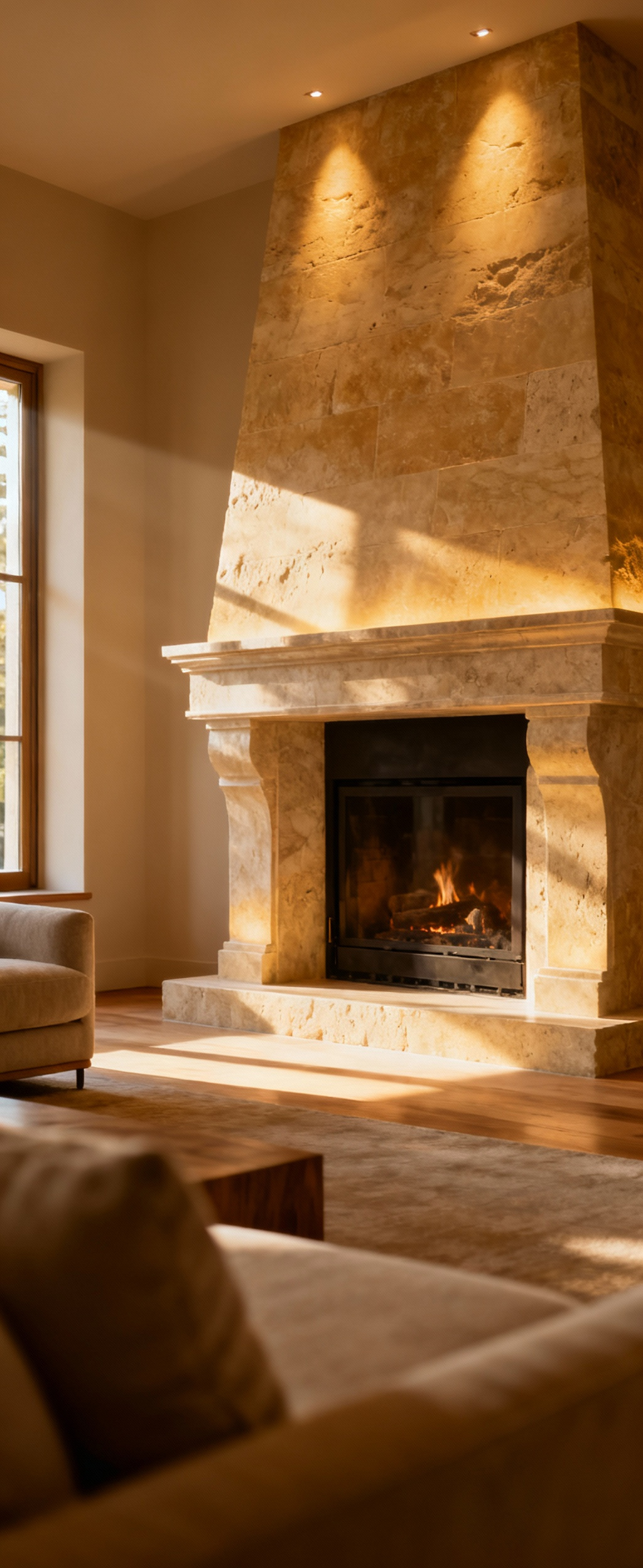 A cozy living room featuring a prominent travertine fireplace as the central focal point, enhanced by soft accent lighting.