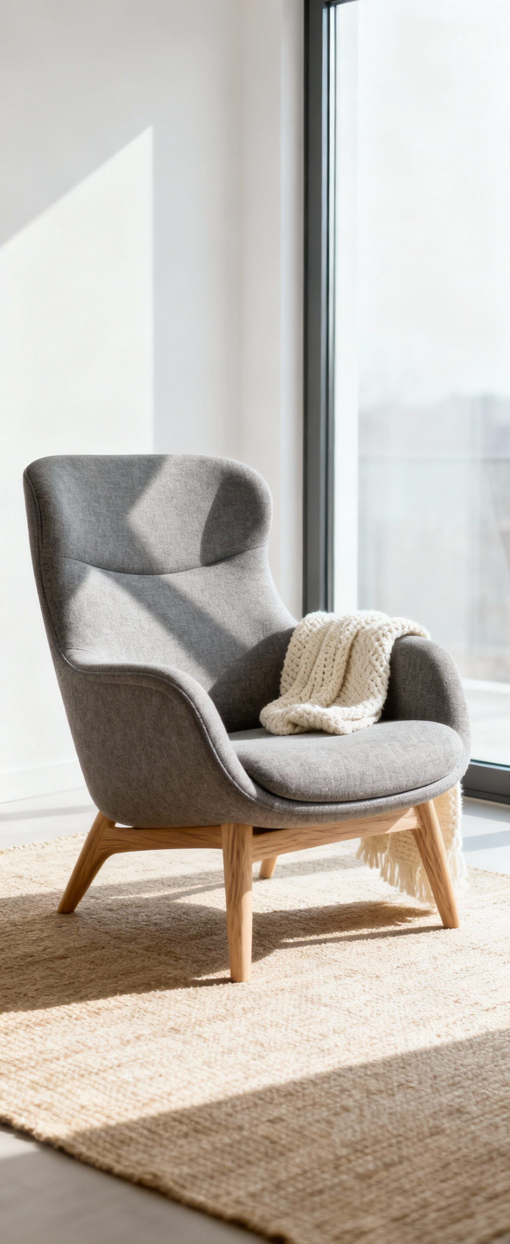 Ergonomic armchair in a cozy living room, natural wood frame, heather gray linen upholstery, soft lighting, minimalist design, lumbar support, visually appealing seating.