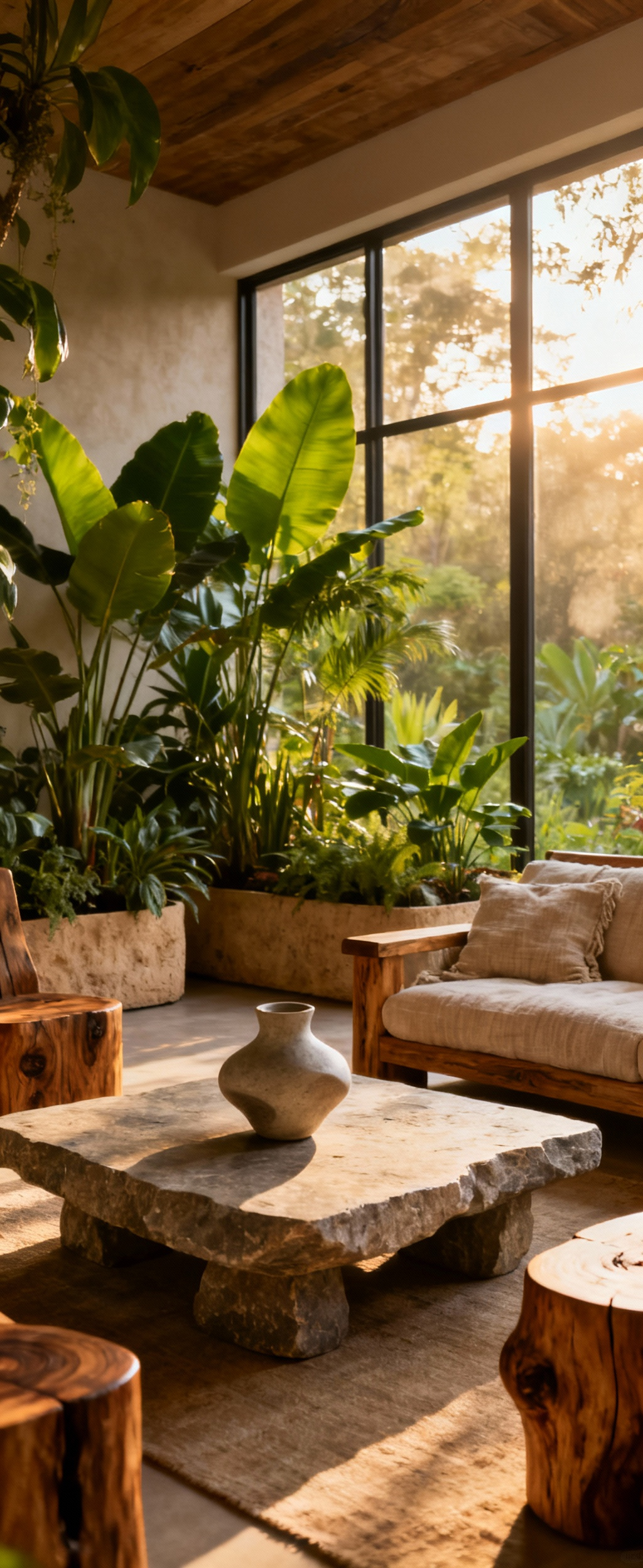 A tranquil living room designed with biophilic principles, featuring large windows with ample natural light, numerous indoor plants, a raw wooden coffee table, and a linen sofa, creating a serene, nature-infused space.