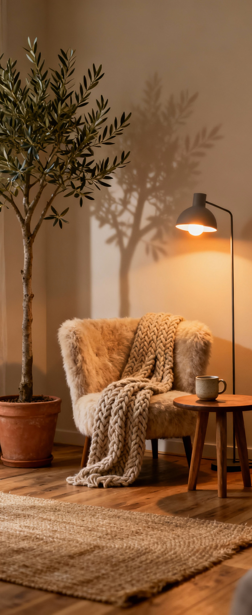 Cozy Hygge living room with warm neutrals, natural wood, textured wool throw, soft lamp light, and a single indoor plant, depicting deliberate warmth and tranquility.