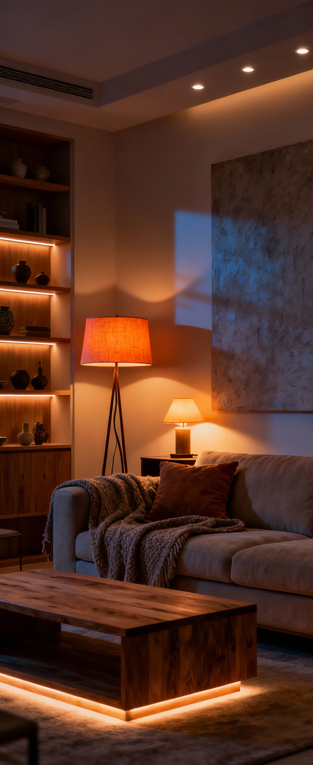 A professionally photographed cozy living room bathed in warm, layered lighting from recessed ceiling lights, a floor lamp, and subtle built-in shelf lighting, accentuating natural textures and creating a serene atmosphere without people.