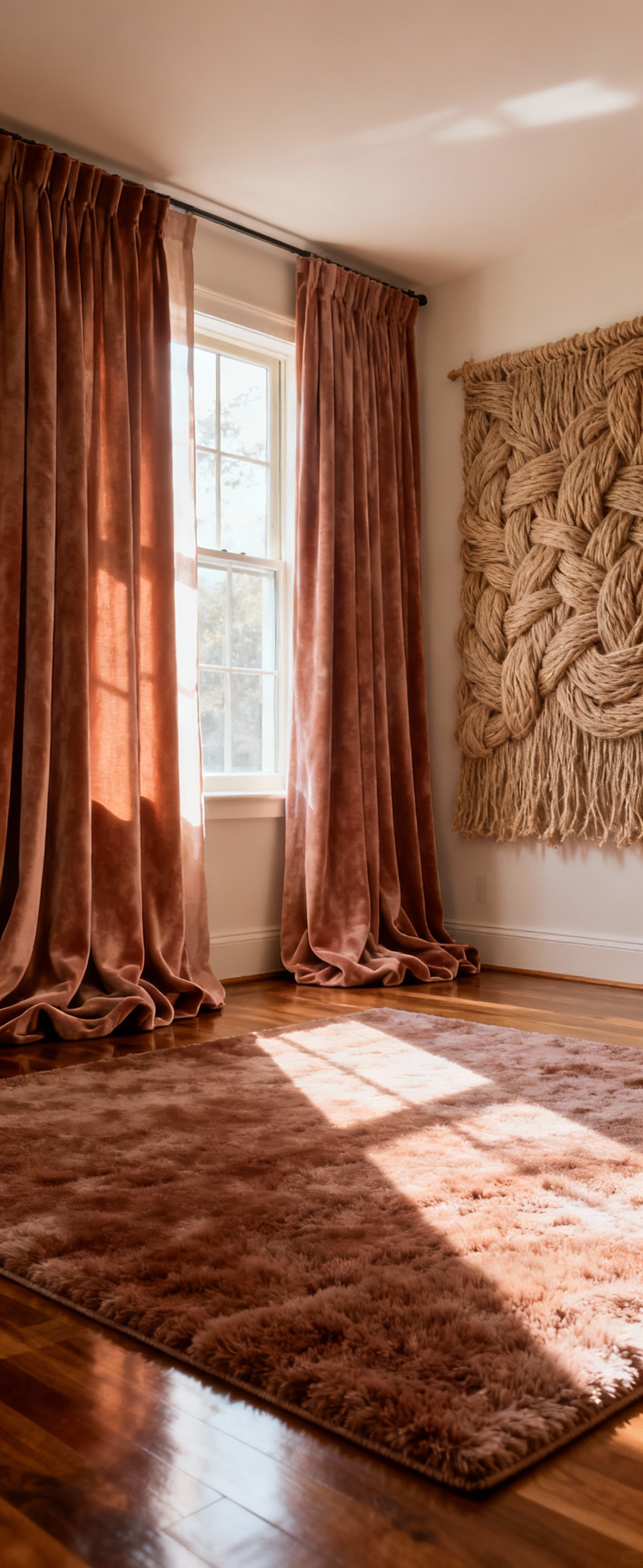 A cozy living room featuring heavy, layered acoustically absorptive textiles like velvet curtains and wool rugs, creating a tranquil and quiet atmosphere.