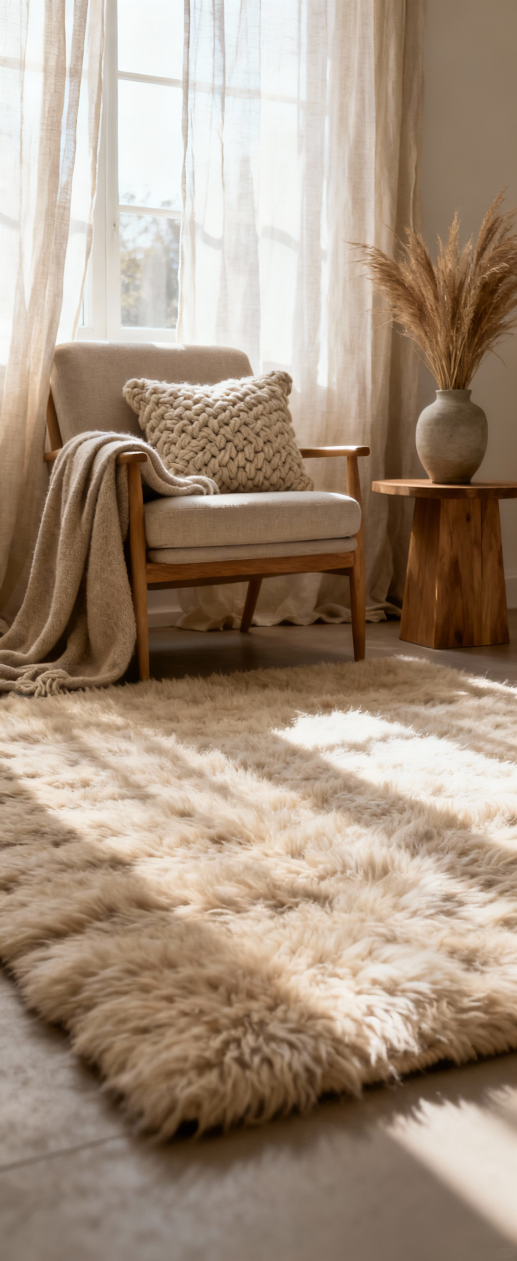 Cozy living room corner featuring an undyed wool area rug, ethereal linen drapes, and a soft cashmere throw draped over a neutral armchair, illustrating natural fiber weaves for textural depth and comfort.