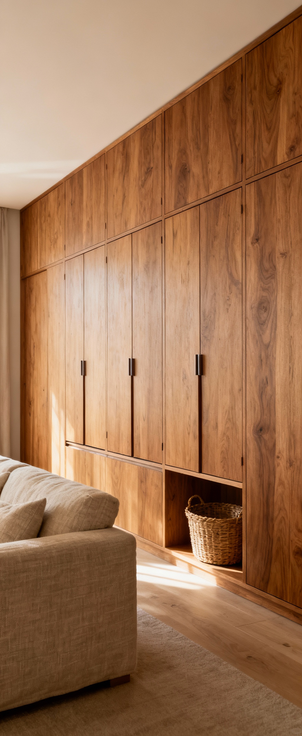 Cozy living room with bespoke rift-sawn oak integrated storage unit, minimalist aesthetic, no visual clutter