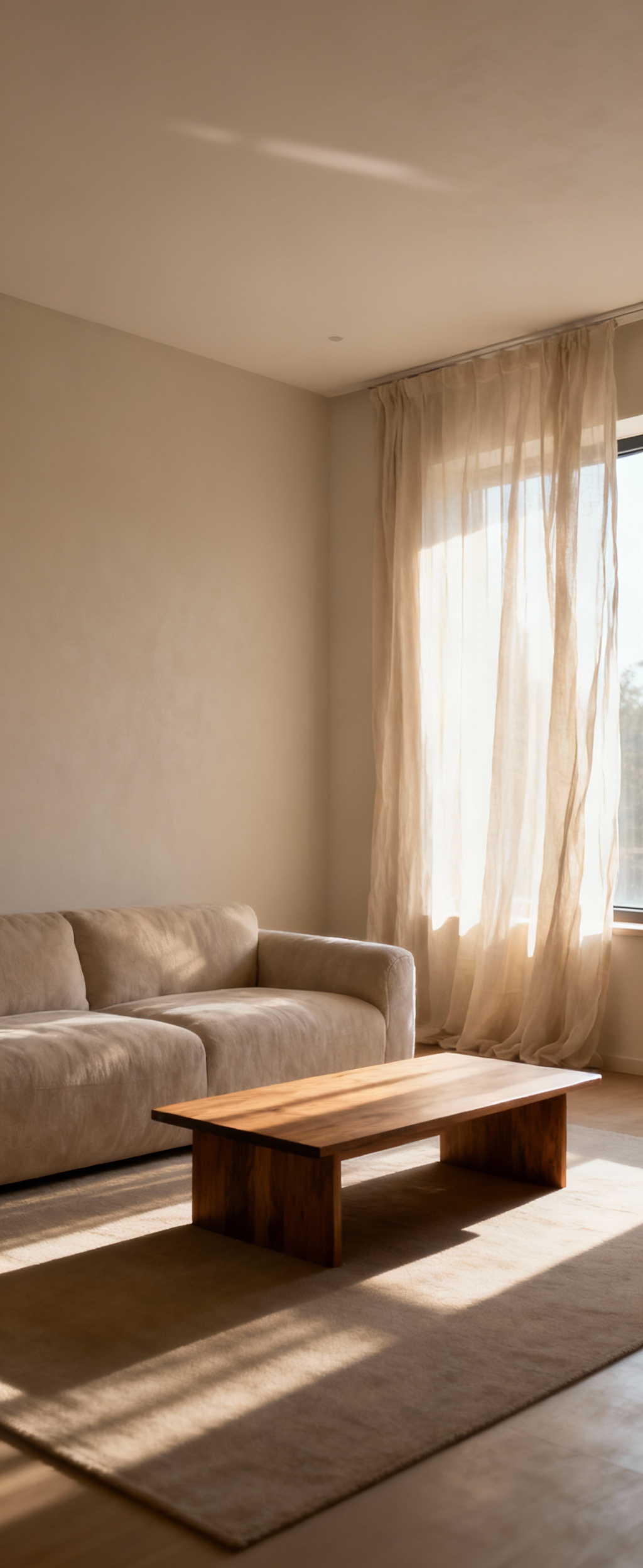 A tranquil living room with large windows draped in sheer linen, demonstrating optimized daylight diffusion for soft ambient illumination, reflecting off light-colored walls and creating a cozy, glare-free environment.