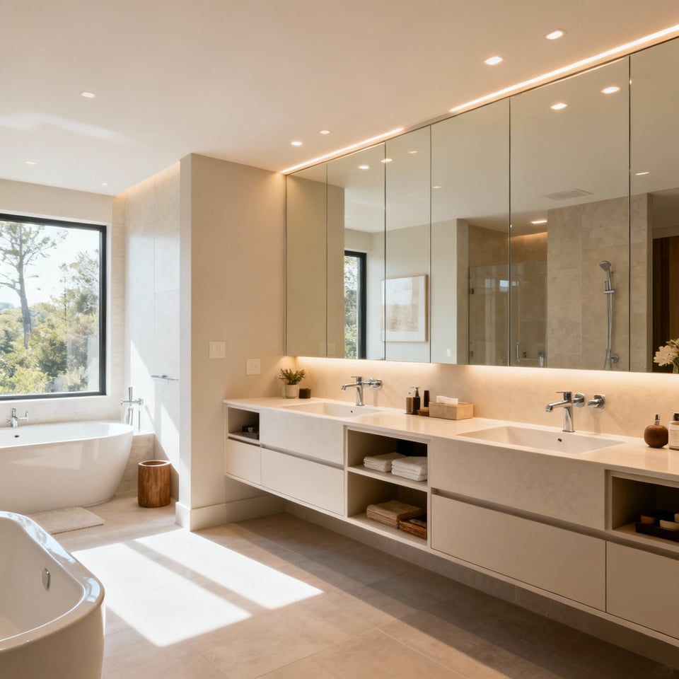 Elegant bathroom prioritizing functionality with ample storage, clean lines, and high-quality fixtures, promoting a timeless design.