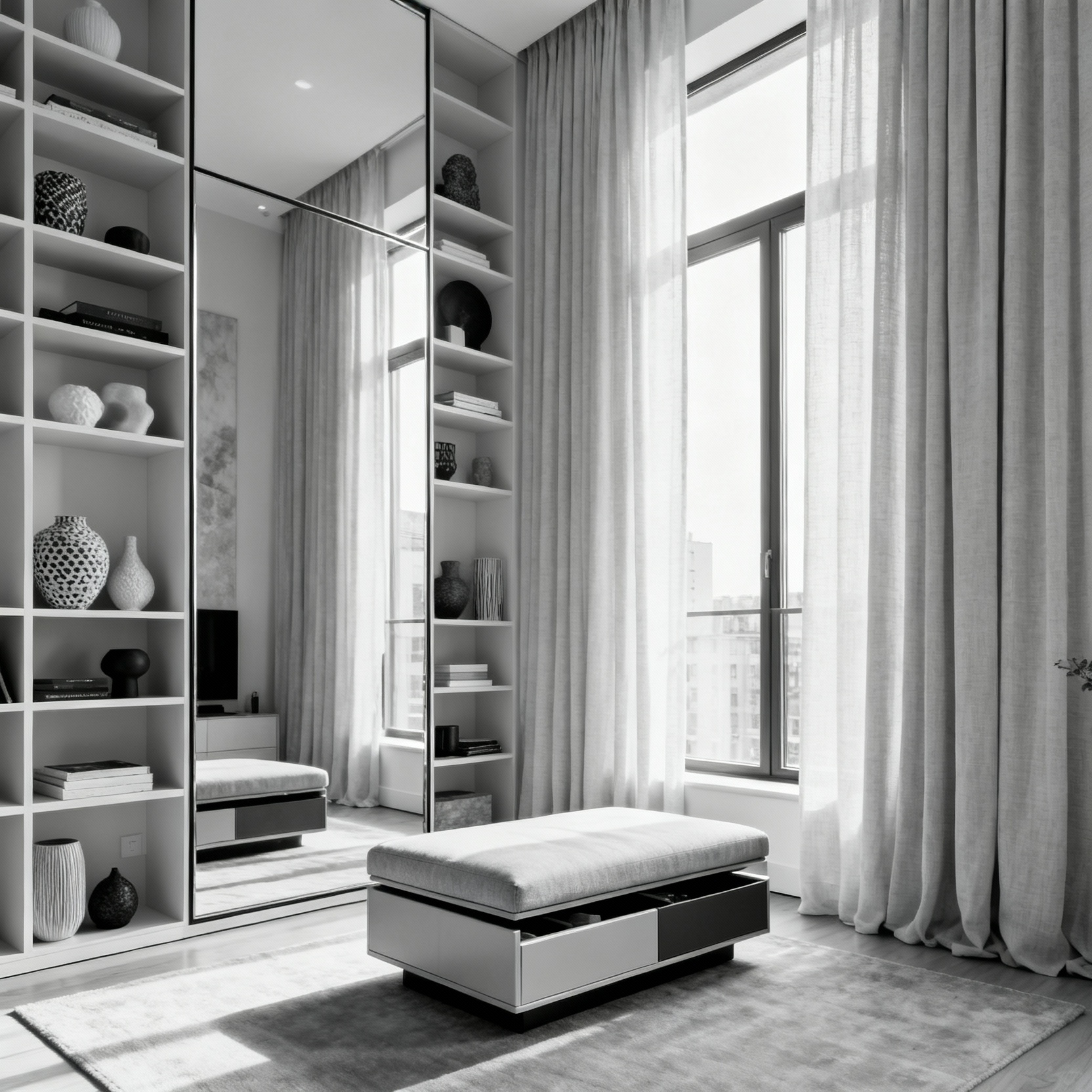 Small apartment living room with floor-to-ceiling shelving, oversized mirror, tall drapery, and monochromatic decor emphasizing vertical space and visual expansion.