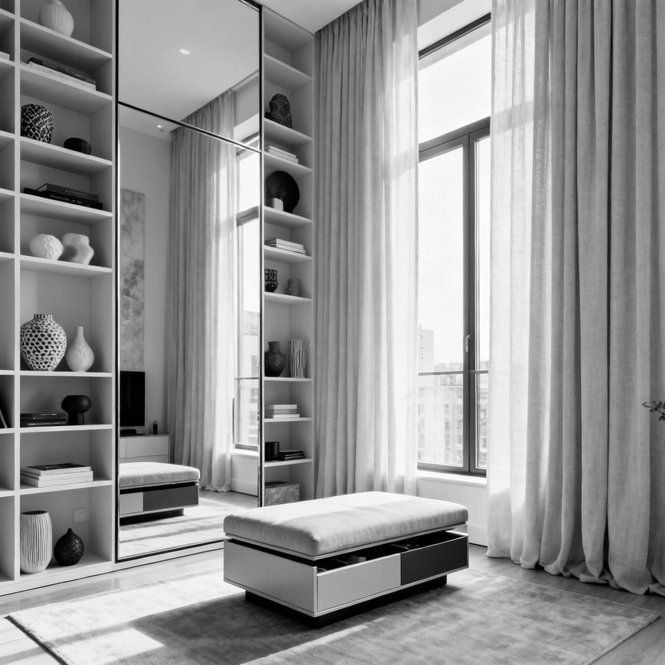 Small apartment living room with floor-to-ceiling shelving, oversized mirror, tall drapery, and monochromatic decor emphasizing vertical space and visual expansion.