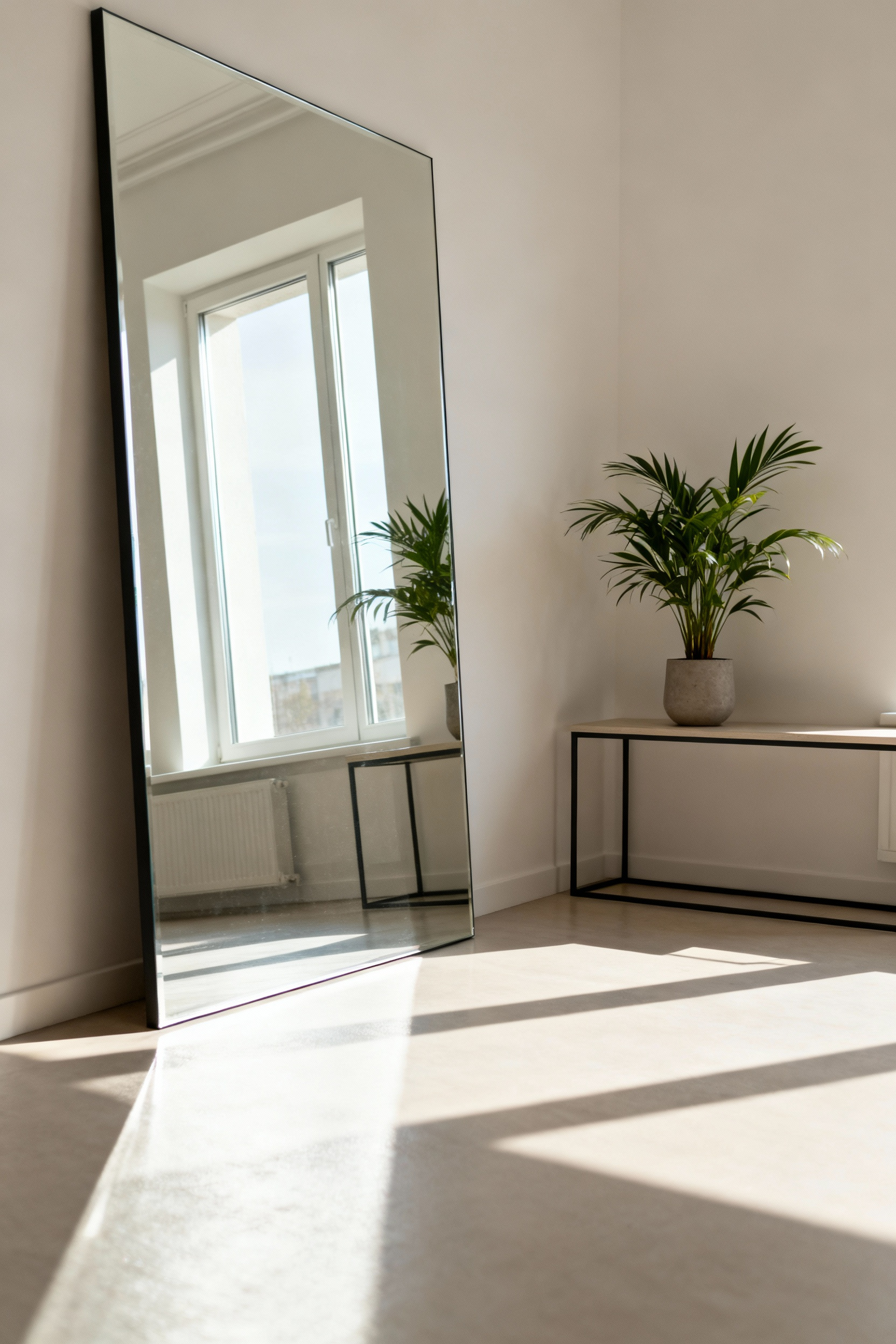 A tall, frameless mirror strategically placed in a bright, modern apartment living room, reflecting light and a stylish console table with a plant, creating an illusion of expanded space and brightness.