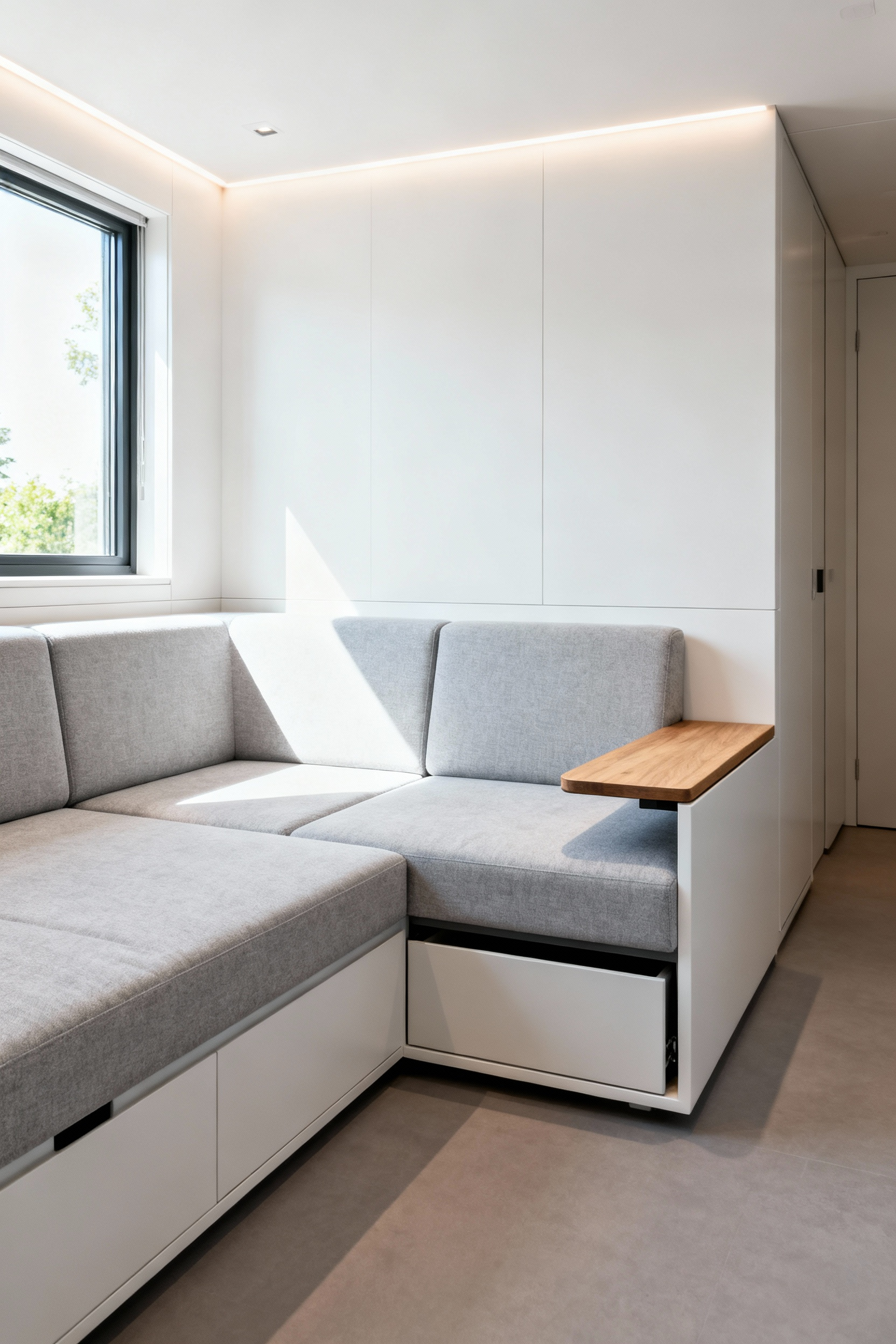 Modern apartment living room with versatile multi-functional furniture, showcasing a modular sofa with hidden features for dynamic layout possibilities.