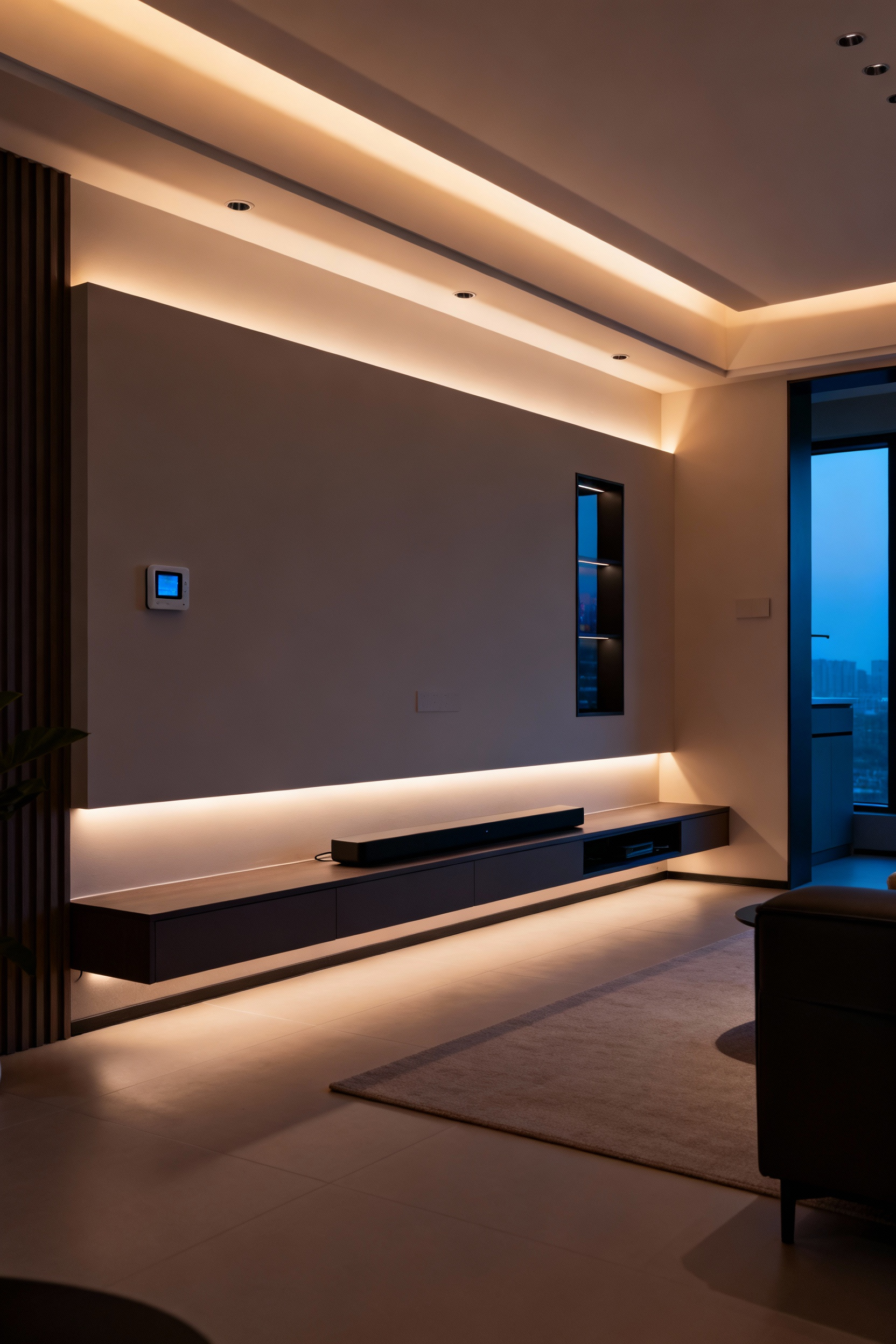 Modern living room with seamlessly integrated smart home technology, subtle smart lighting, hidden media, and minimalist decor, emphasizing futuristic function and form.