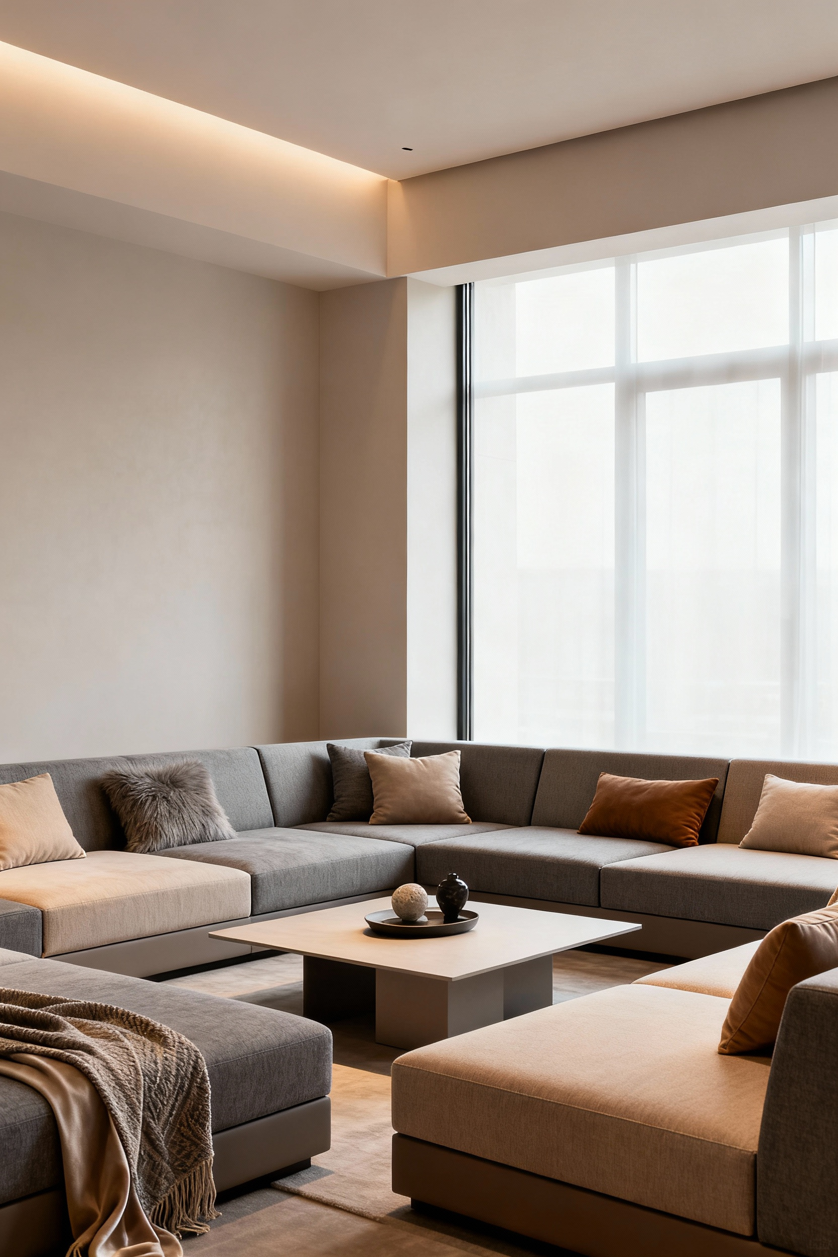 A sophisticated apartment living room demonstrating an iterative design process, featuring modular furniture and subtly refined decor adjustments for evolving styles. No people.