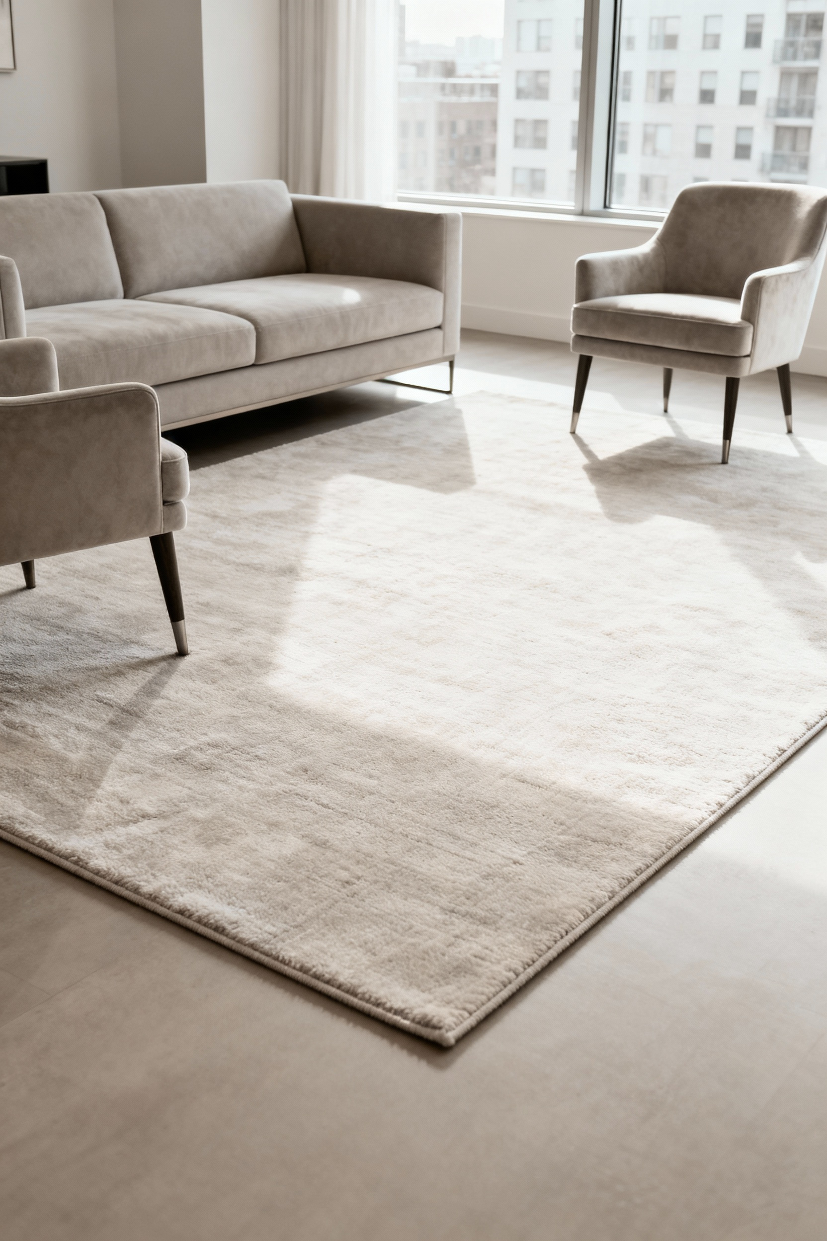 Elegant apartment living room featuring a generously sized area rug properly anchoring a neutral sofa and accent chairs, demonstrating optimal rug proportions for a cohesive and spacious layout.