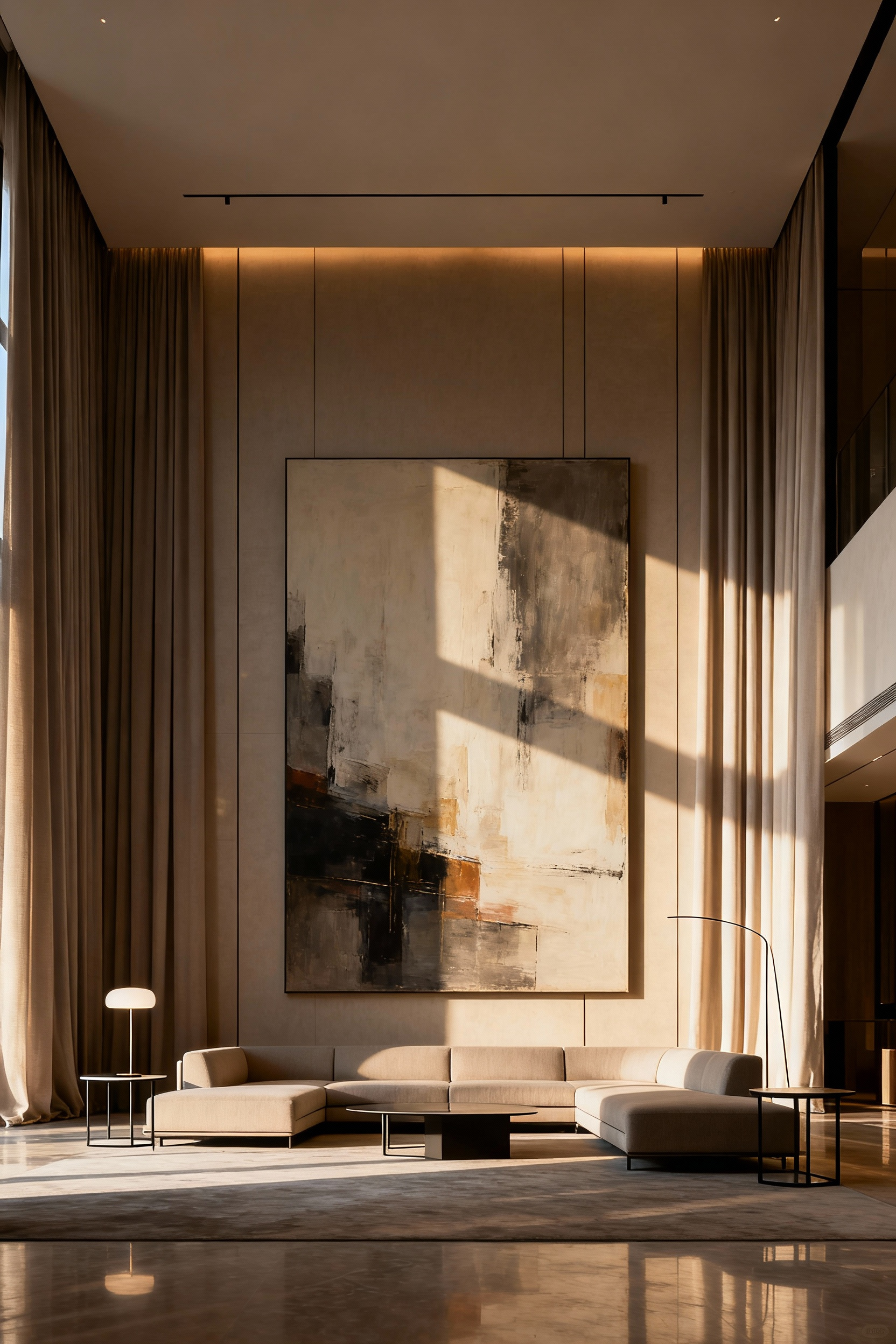 Chic apartment living room showcasing an oversized abstract artwork above a sectional, balanced with sleek decor, demonstrating effective proportion and scale mastery in a small space.