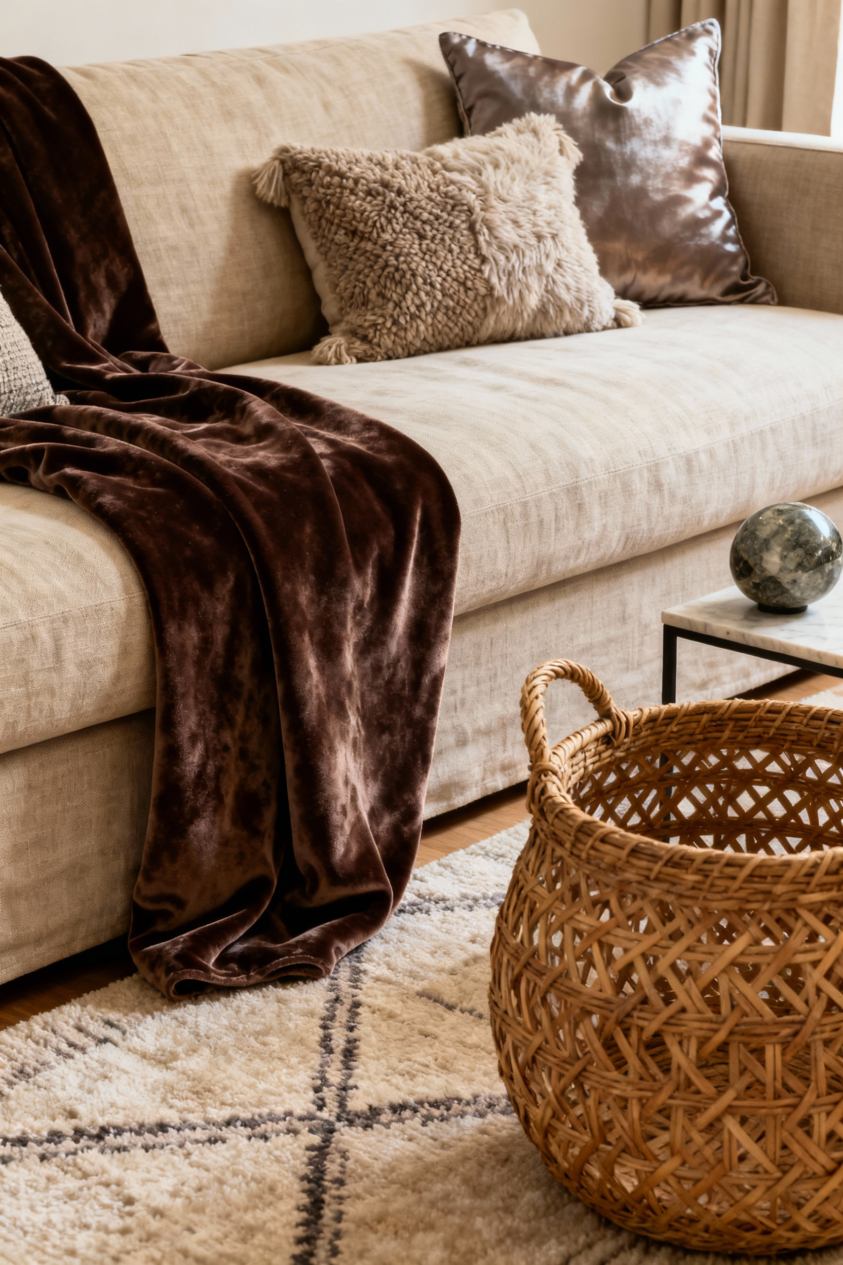 An inviting apartment living room showcasing layered fabric textures like velvet, linen, wool, and silk, along with a woven basket and high-pile rug, creating a sophisticated and sensory-rich environment.