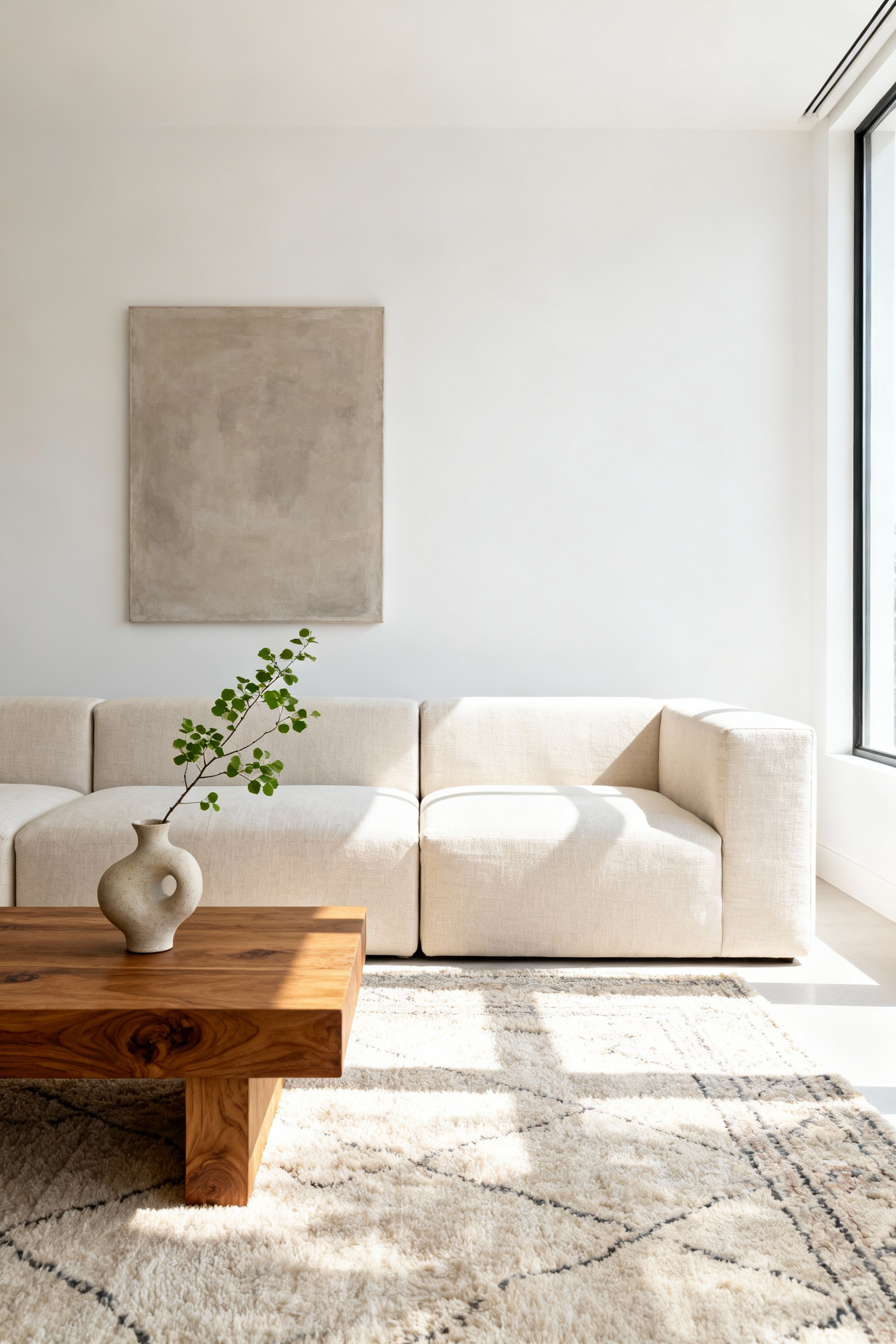 A sophisticated, minimalist apartment living room showcasing a high-quality modular sofa, solid wood coffee table, and an artisan vase, bathed in natural light, embodying the 'less but better' design philosophy.