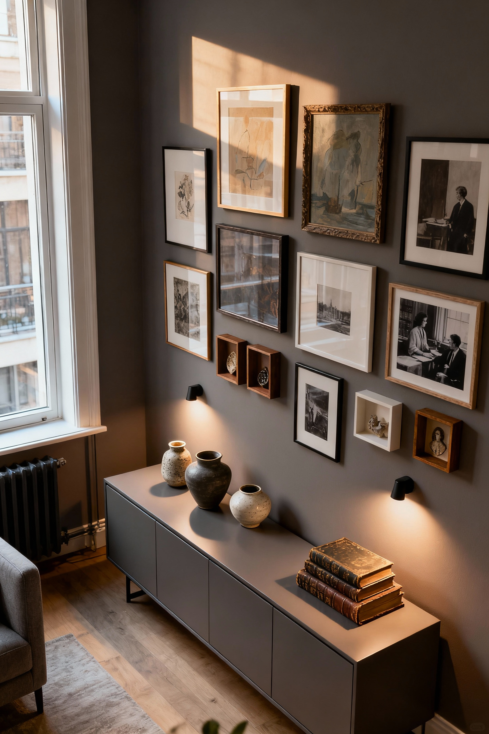 A stylish apartment living room featuring a carefully curated gallery wall with framed art and personal mementos, and a credenza with artisanal ceramics, illustrating intentional styling and personal narrative in living room decor.