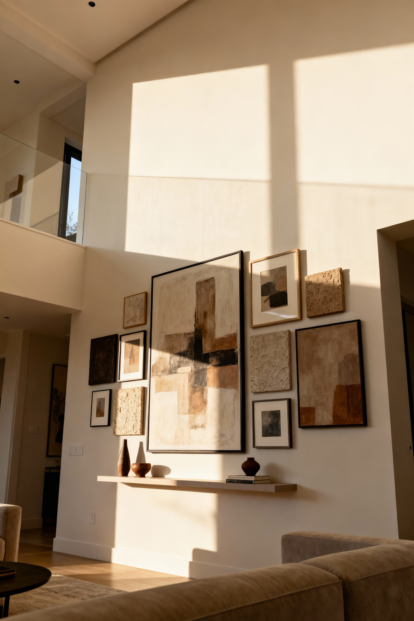 Portrait of an elegant apartment living room wall with curated art strategically placed to enhance visual flow and spatial perception. Features varied framed art, soft lighting, and sophisticated decor.