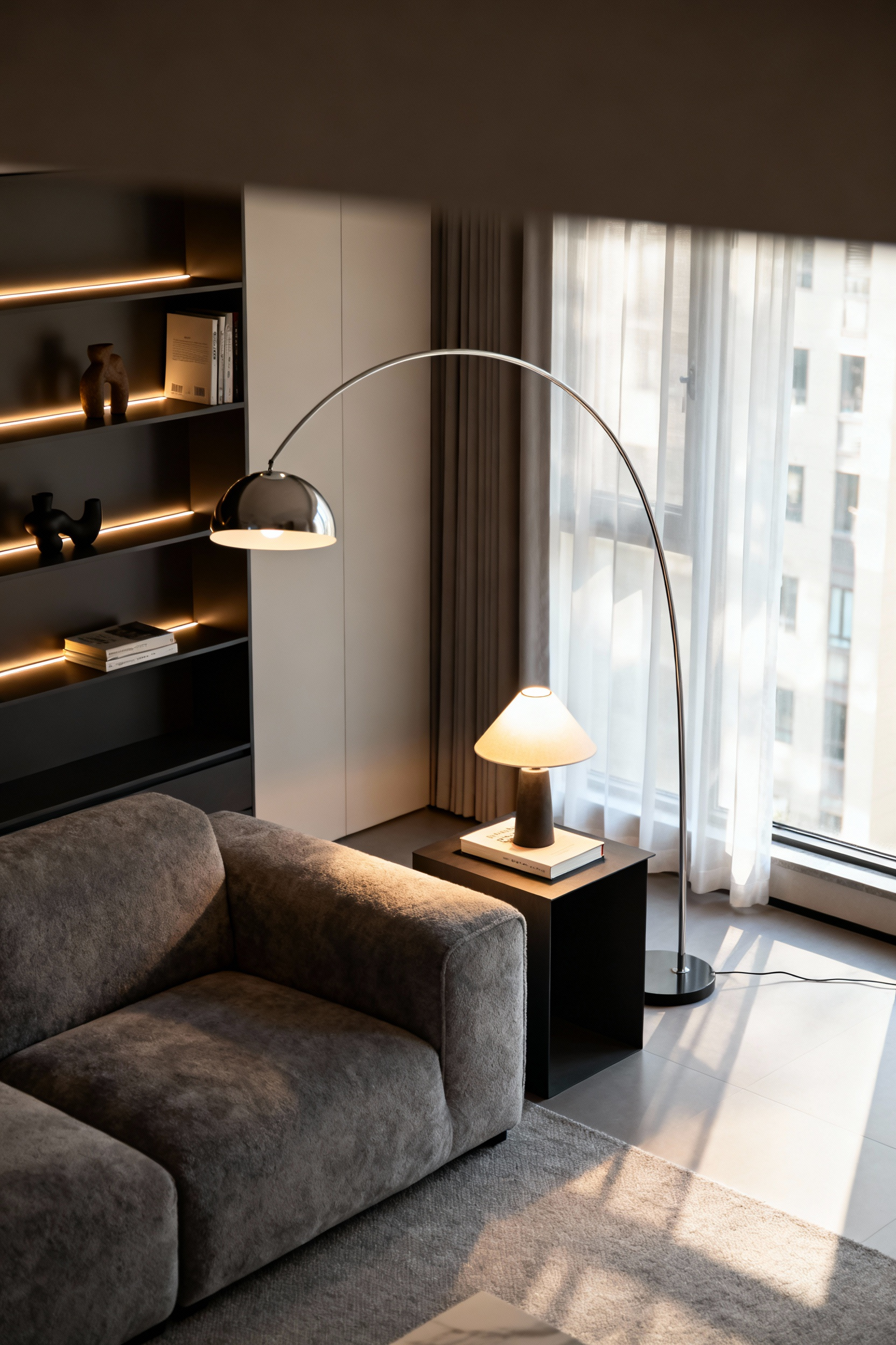 Layered lighting in a sophisticated apartment living room, featuring ambient floor lamps, task lighting, and accent LEDs on shelves, creating depth and atmosphere.