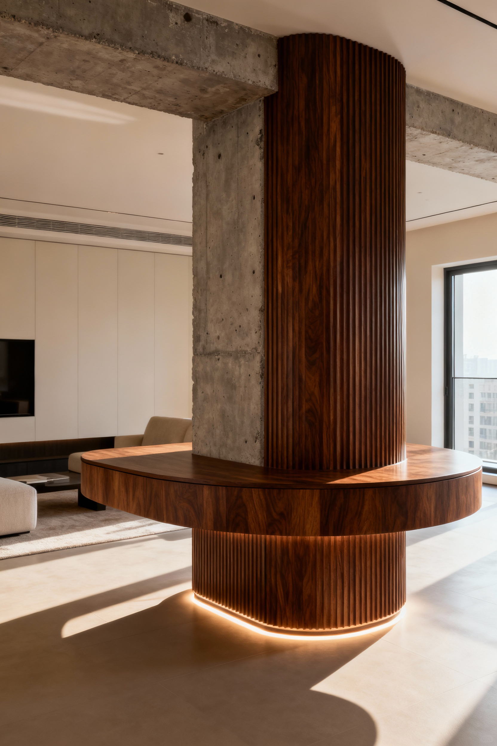 Sophisticated apartment living room with a fluted wood veneer structural column, integrated as a central display and design feature.
