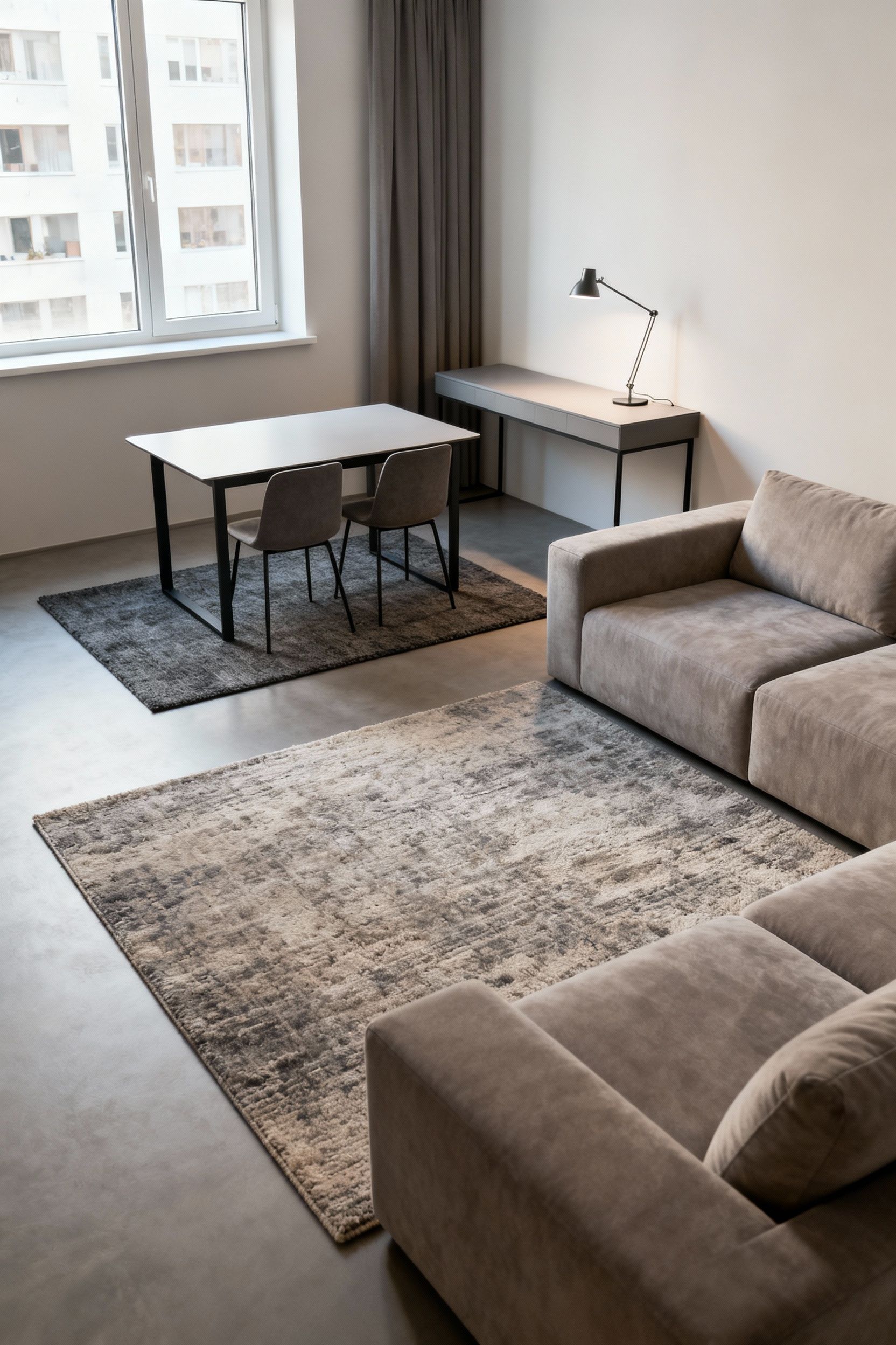 An open-concept living room intelligently divided into distinct functional zones using strategic furniture placement, varying area rugs, and integrated lighting. Features a comfortable lounging area with a large sofa and a smaller dining nook with a modern table and chairs, showcasing effective zonal distinction and flow.
