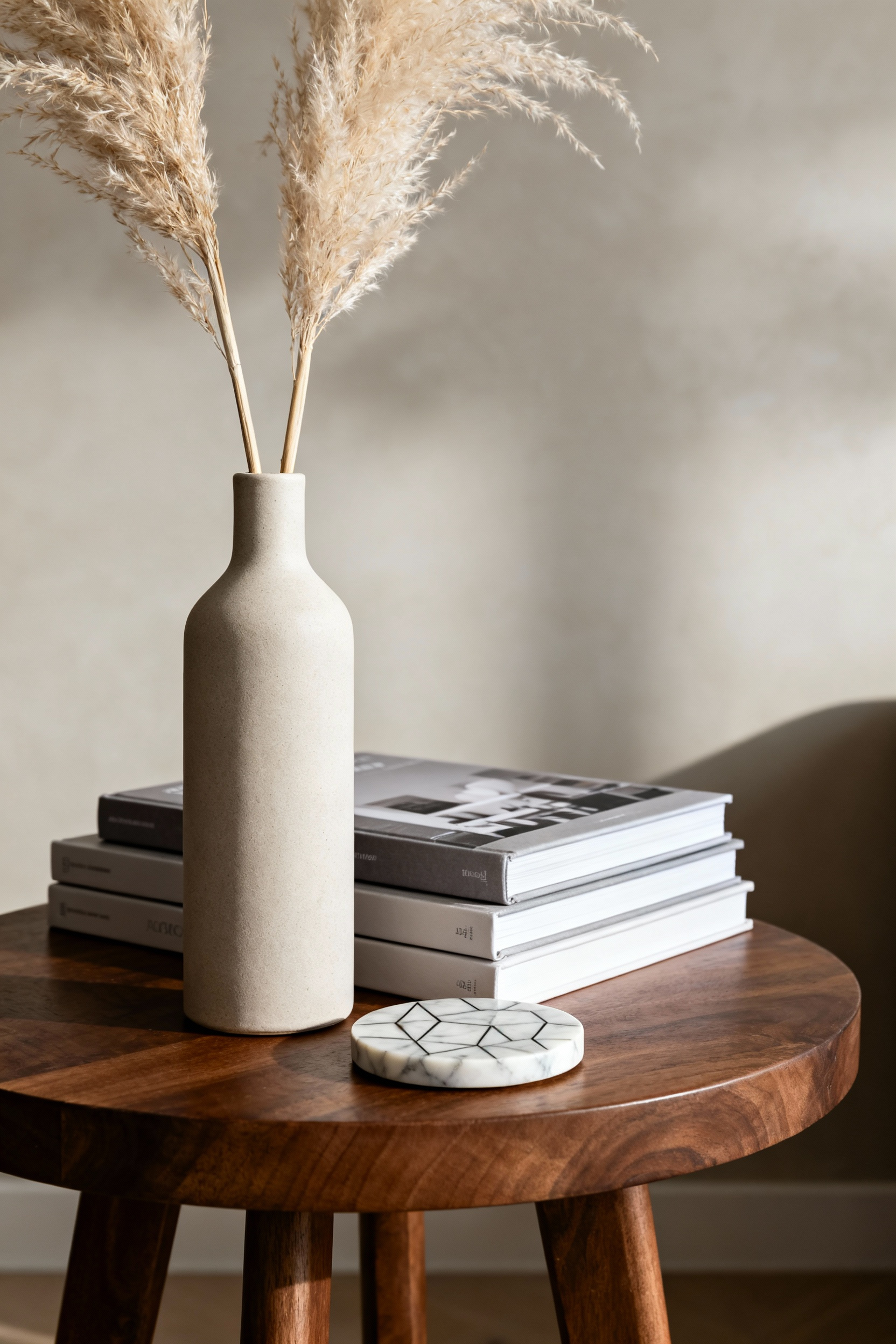 A stylish vignette on an end table in an apartment living room, featuring a ceramic vase with pampas grass, a stack of design books, and a marble coaster, illustrating the 'Rule of Three' decor principle for small spaces.