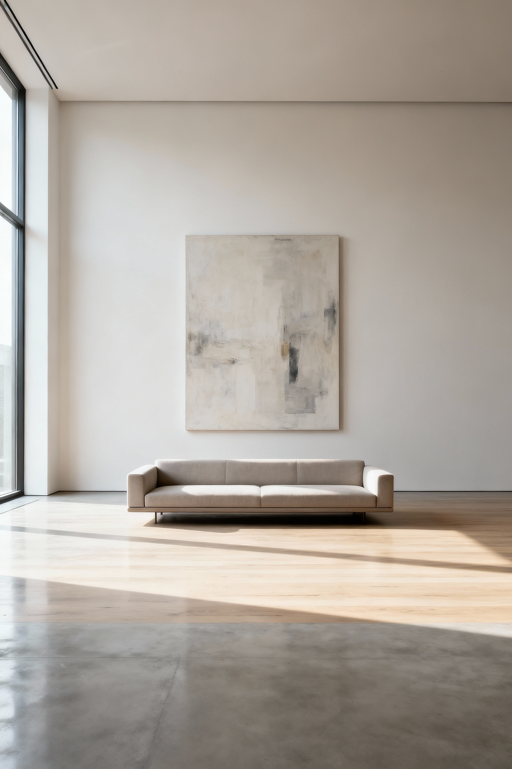 A modern apartment living room showcasing intentional negative space, with a single large abstract artwork on a bare wall, a low-profile sofa, and ample empty floor space, emphasizing minimalist decor and open design.