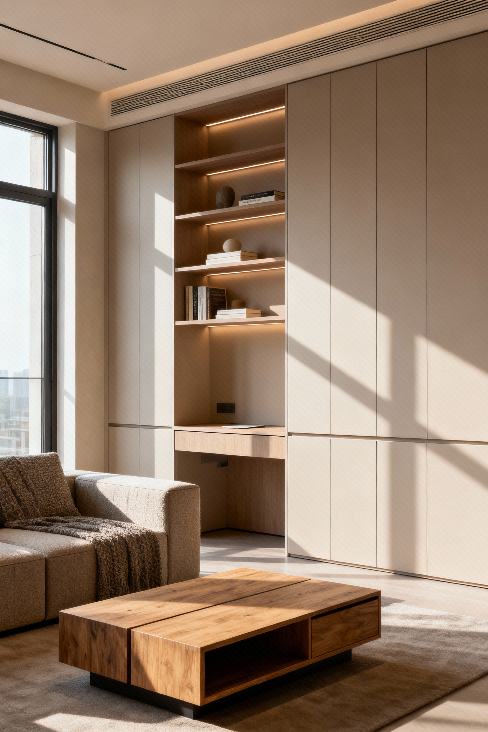 Elegant apartment living room with built-in, floor-to-ceiling integrated storage solutions, featuring a mix of open shelving with curated decor and concealed cabinetry, creating a cohesive and functional design element.