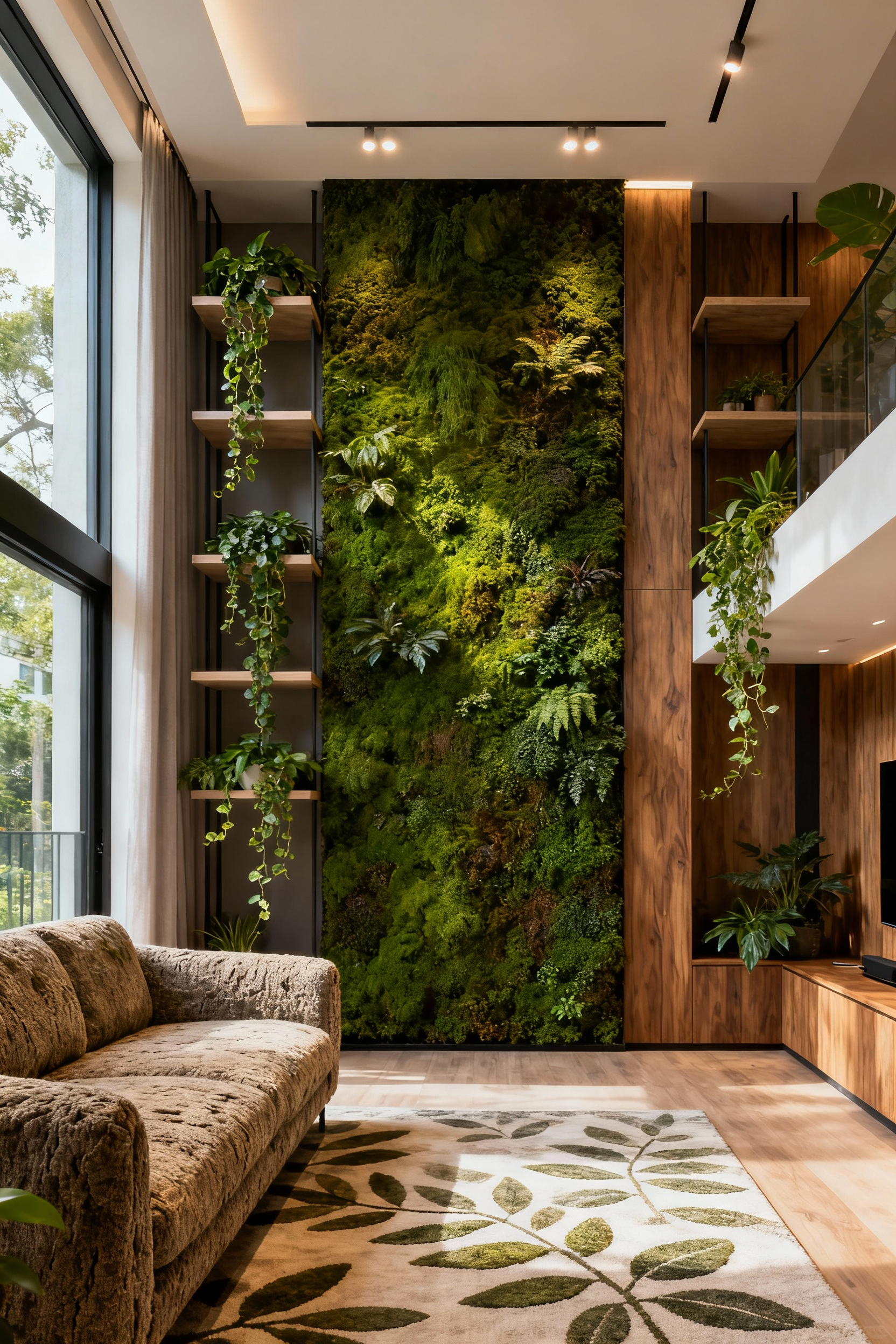 Apartment living room with a vertical garden, trailing plants, and organic textures, embodying biophilic design principles.