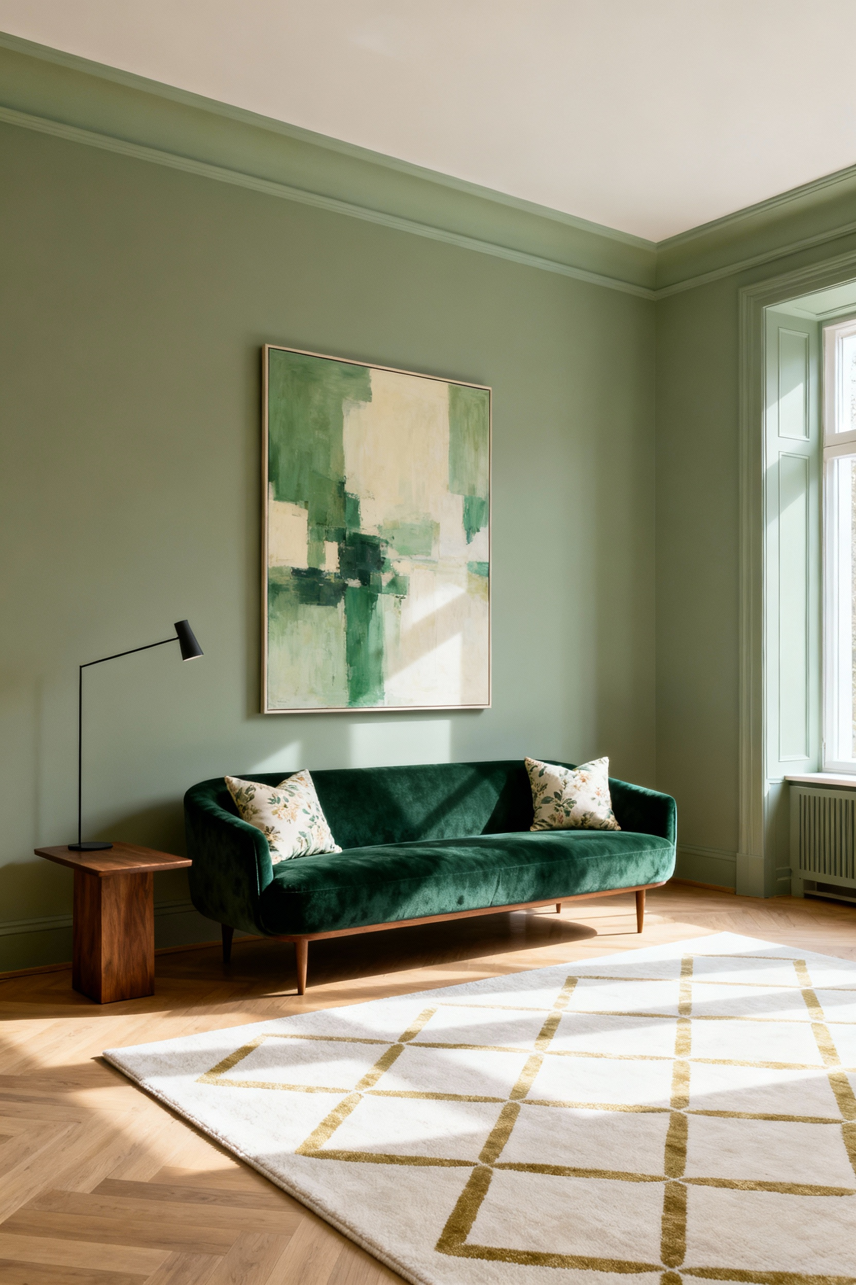 A chic apartment living room with muted sage green walls, a deep green velvet sofa, and off-white accents, demonstrating a strategic color palette for perceived spaciousness and cohesive design.