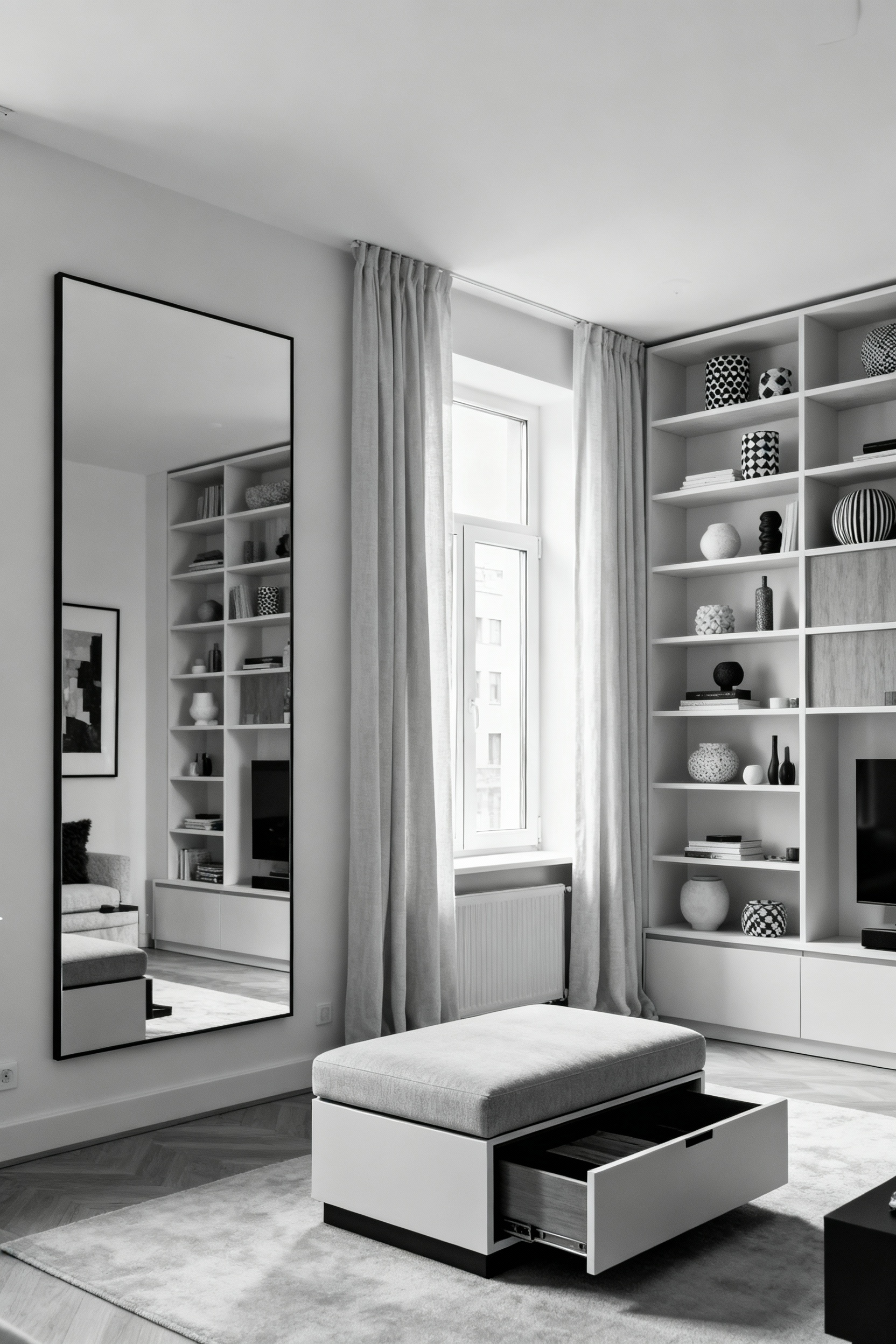 Small apartment living room with floor-to-ceiling shelving, oversized mirror, tall drapery, and monochromatic decor emphasizing vertical space and visual expansion.
