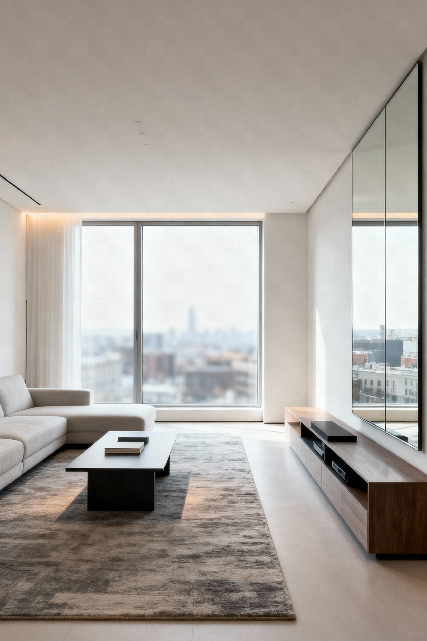 Sophisticated apartment living room with clear visual pathways and low-profile furniture enhancing spatial flow and perceived depth