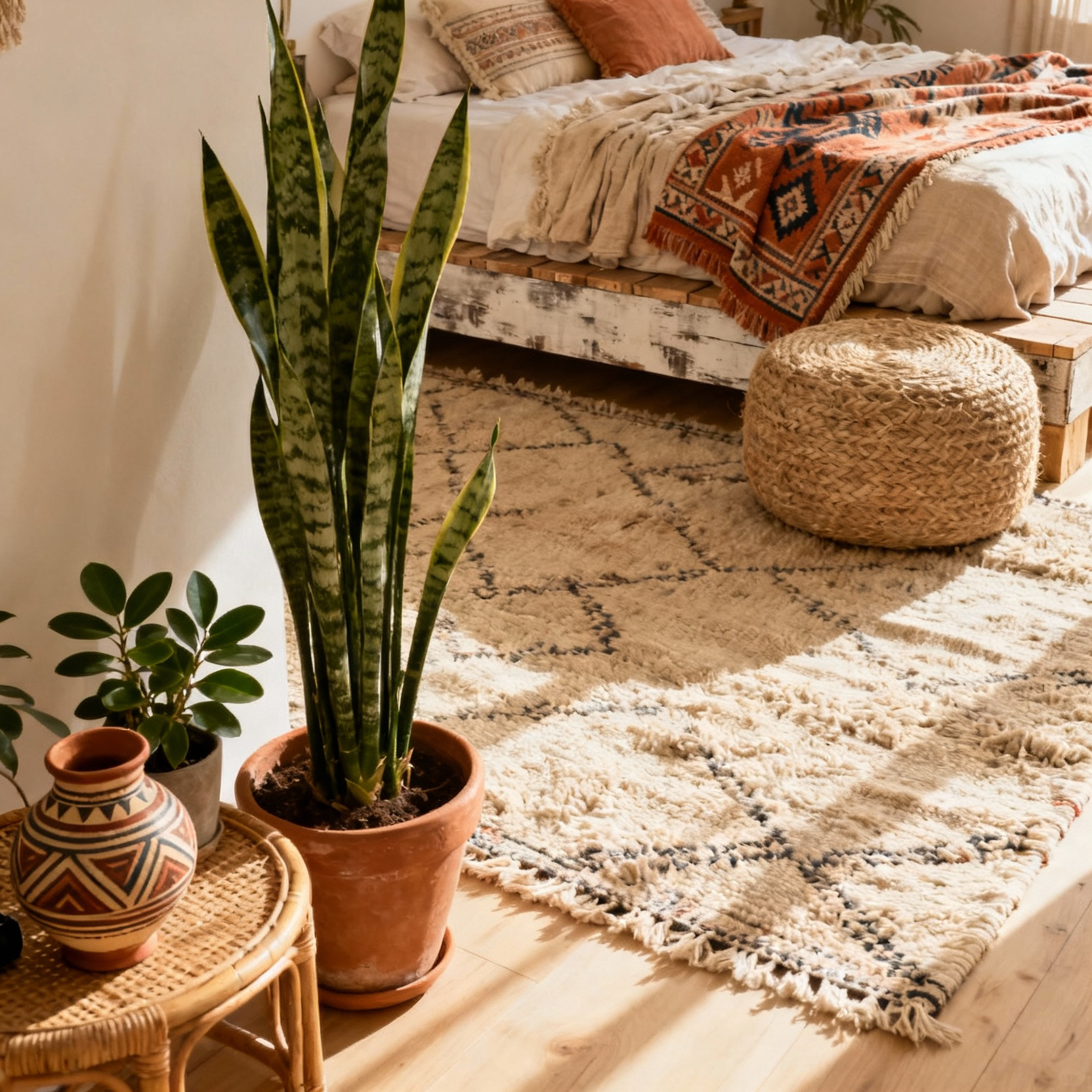 Bohemian bedroom with global nomad decor elements including a Moroccan Berber rug, Indian print textiles, reclaimed wood furniture, and lush indoor plants bathed in warm natural light.