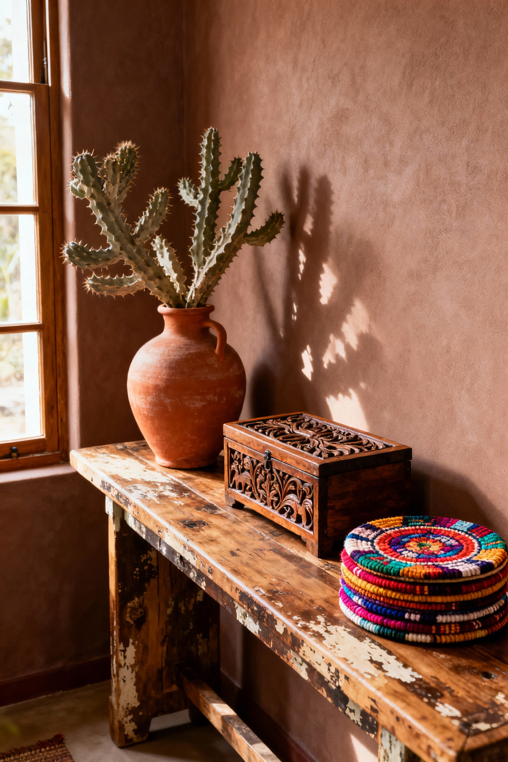 Bohemian bedroom with a vignette of global artisan crafts including a terracotta vase, carved wooden box, and hand-loomed textiles, illuminated by soft natural light.