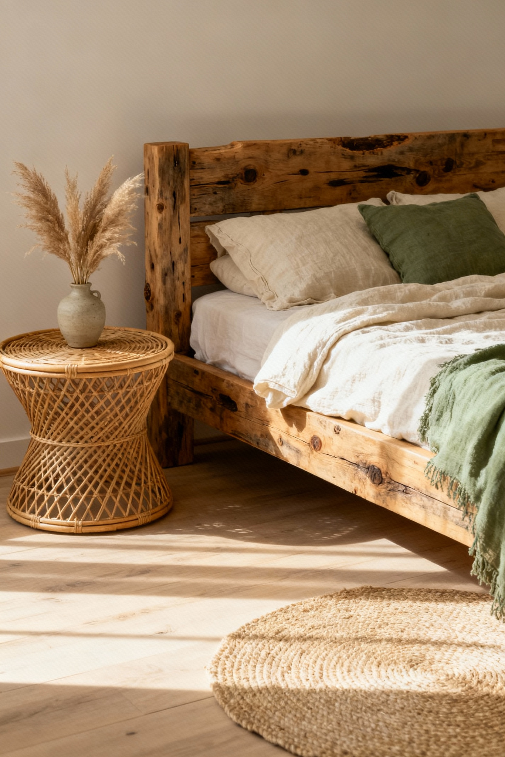 Bohemian bedroom with a reclaimed timber bed, rattan side table, organic bedding, and natural textures, embodying organic warmth and a grounded aesthetic. Portrait orientation.
