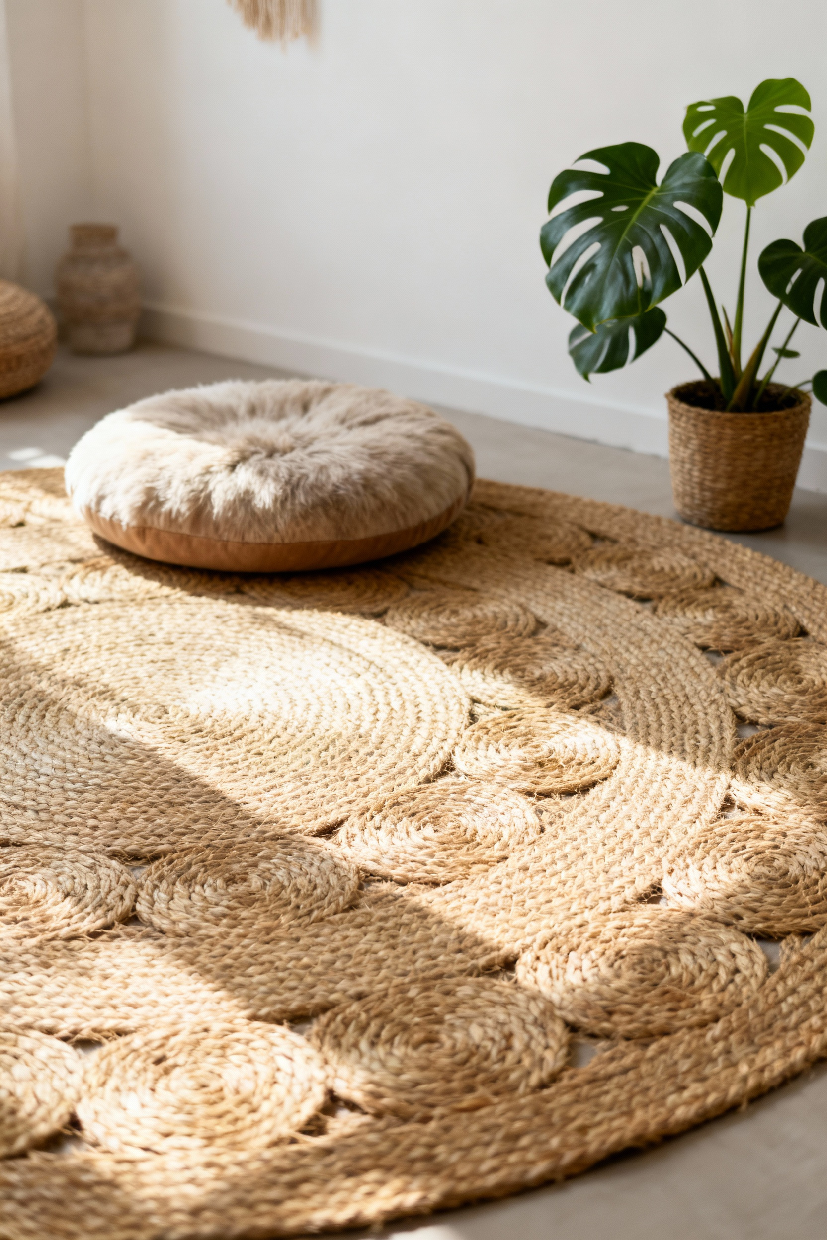 A serene bohemian bedroom scene featuring a large round jute rug defining a meditation area, with natural light enhancing the texture.