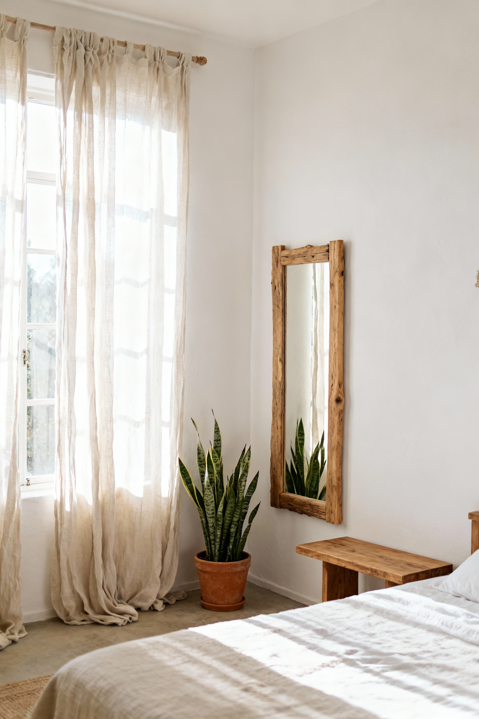 Bohemian bedroom with sheer linen curtains diffusing natural light, a raw wood mirror reflecting soft illumination, warm white walls, and a potted snake plant, creating an airy, calm, and expansive ambiance.