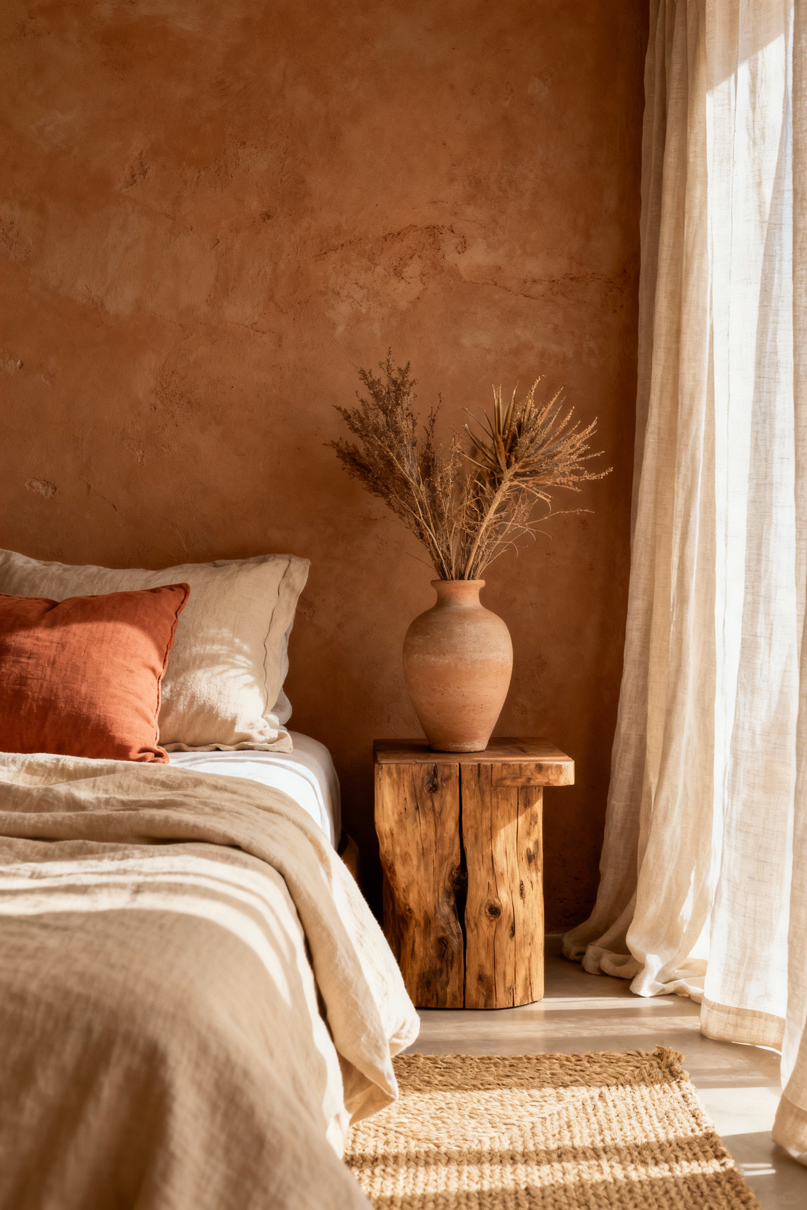 Boho bedroom with a desert-inspired color palette, featuring terracotta walls, sandy beige bedding, natural wood furniture, and diffused natural light. No people.