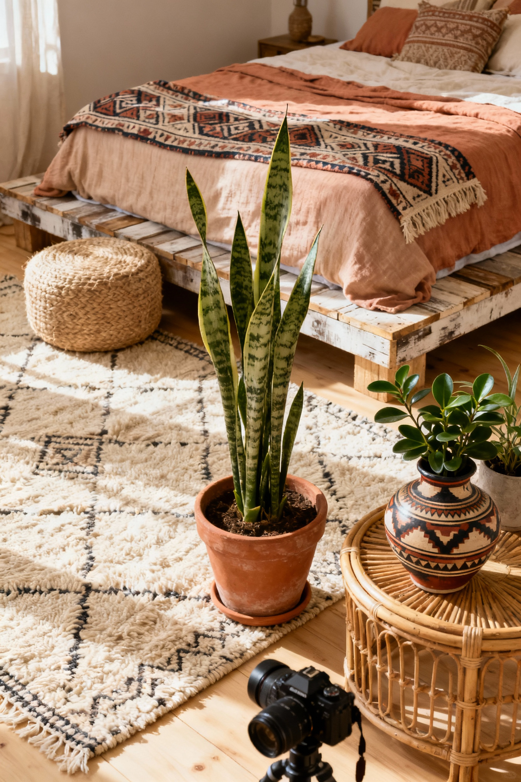 Bohemian bedroom with global nomad decor elements including a Moroccan Berber rug, Indian print textiles, reclaimed wood furniture, and lush indoor plants bathed in warm natural light.