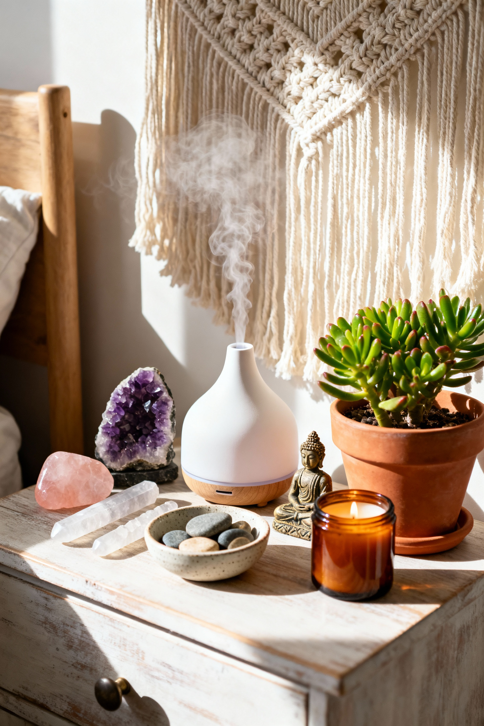 A personalized boho wellness altar featuring an aromatherapy diffuser, various crystals like amethyst and rose quartz, a small Buddha statue, and a succulent on a wooden table with a macrame background.