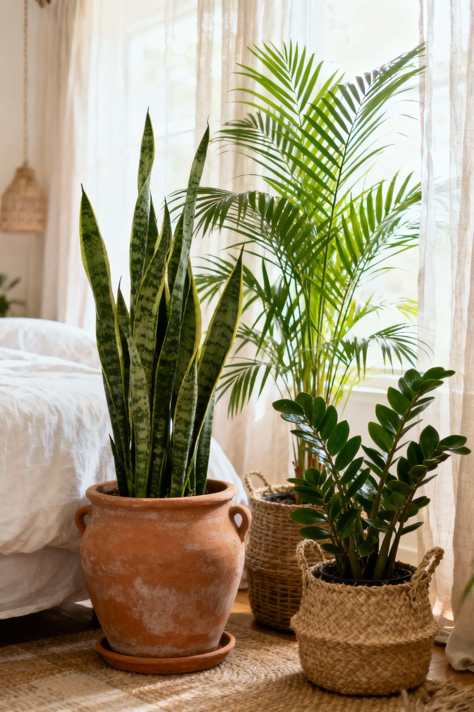 A bohemian bedroom designed with biophilic principles, featuring an array of lush green plants in natural terracotta and woven planters, promoting well-being and fresh air under soft natural light.