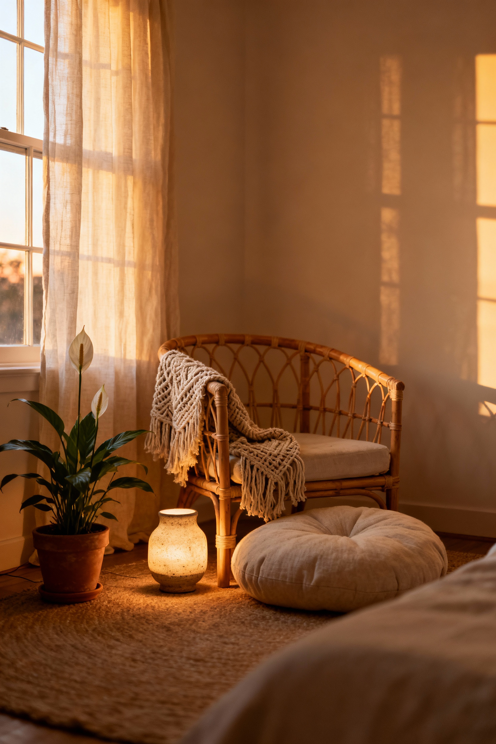 Boho reading nook with rattan chair, organic cotton cushions, ceramic lamp, and Peace Lily plant, diffused natural light