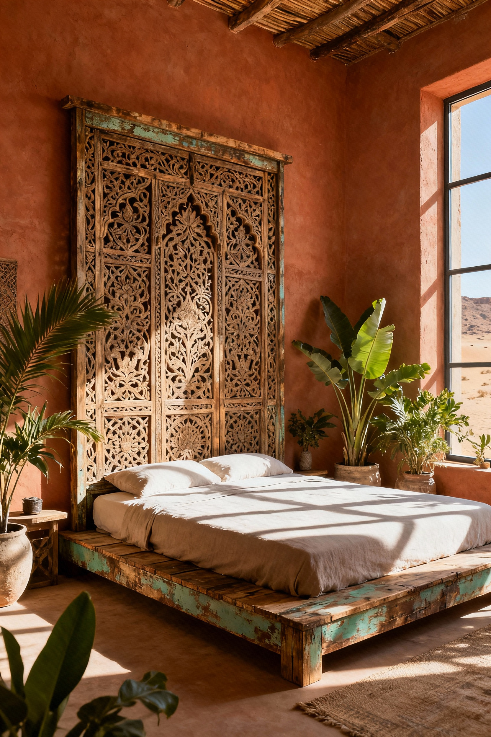 Bohemian bedroom with a large, repurposed hand-carved wooden screen serving as a headboard, flanked by lush green plants, showcasing a vintage aesthetic and sustainable design in warm, earthy tones.
