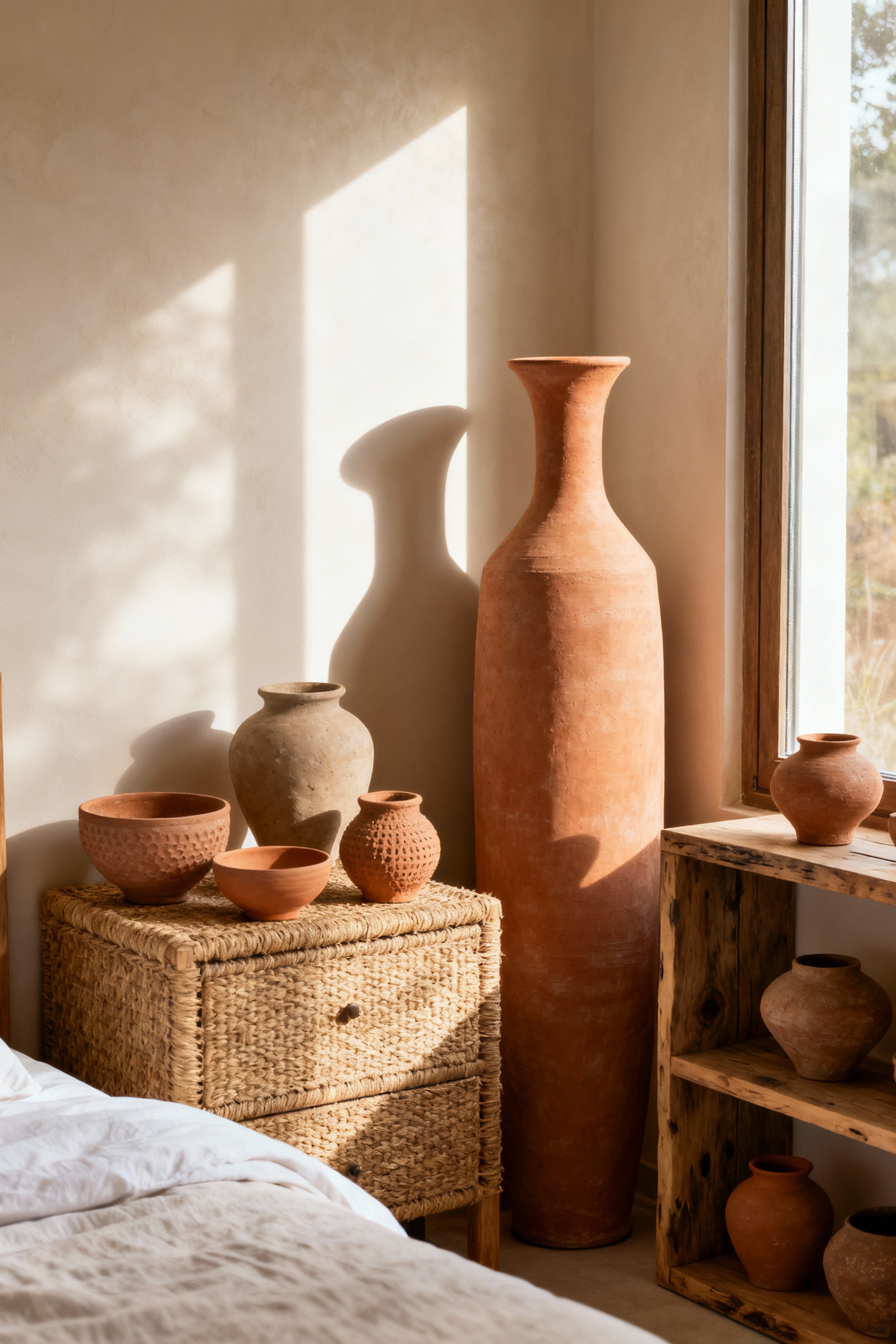 Bohemian bedroom decorated with a variety of unglazed earthenware and terracotta pots, bowls, and urns on natural wooden furniture and a textured rug, enhancing a primal connection and sculptural form under soft natural light.