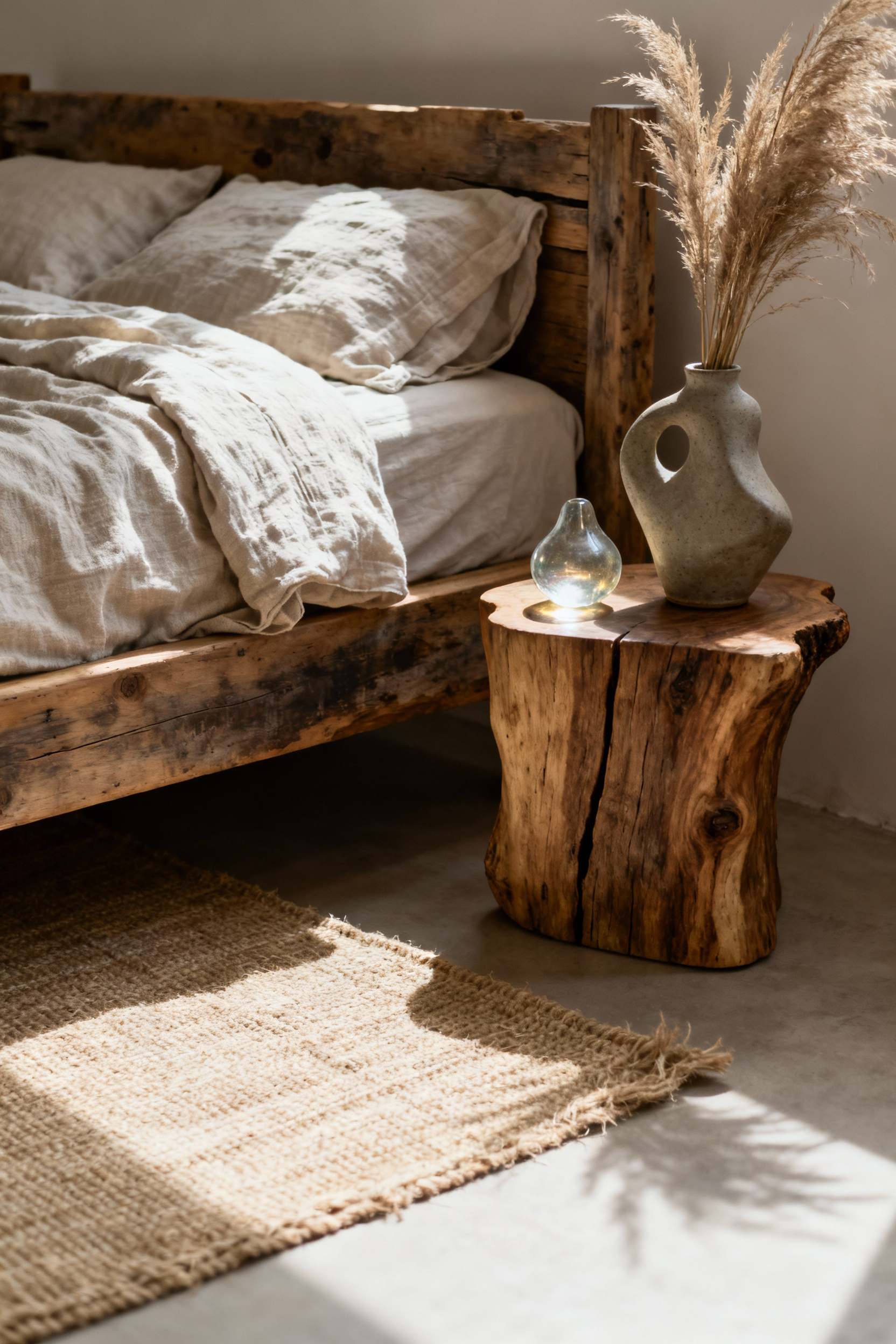 A serene Wabi-Sabi bohemian bedroom showcasing a reclaimed wood bed frame, organic linen bedding, a live-edge side table with ceramic and glass decor, and a hand-loomed jute rug. Emphasizes natural simplicity and texture.