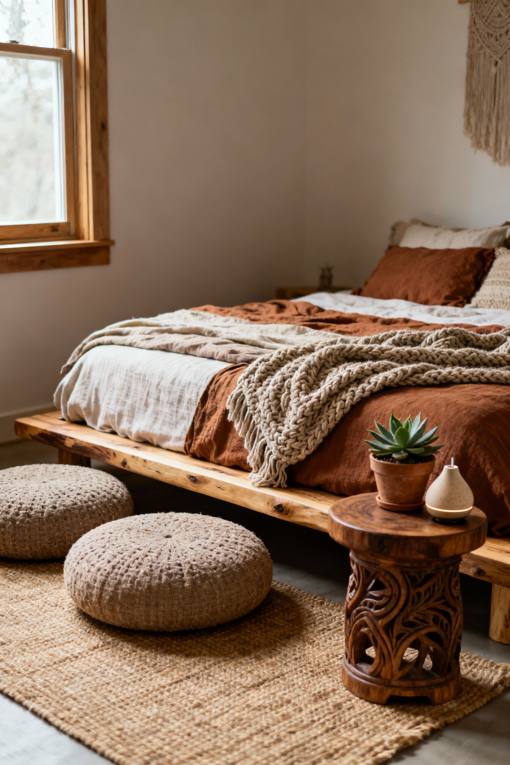 Bohemian bedroom with a low wooden platform bed, floor cushions, and a small side table, showcasing low-profile furnishings for a grounded ambiance.